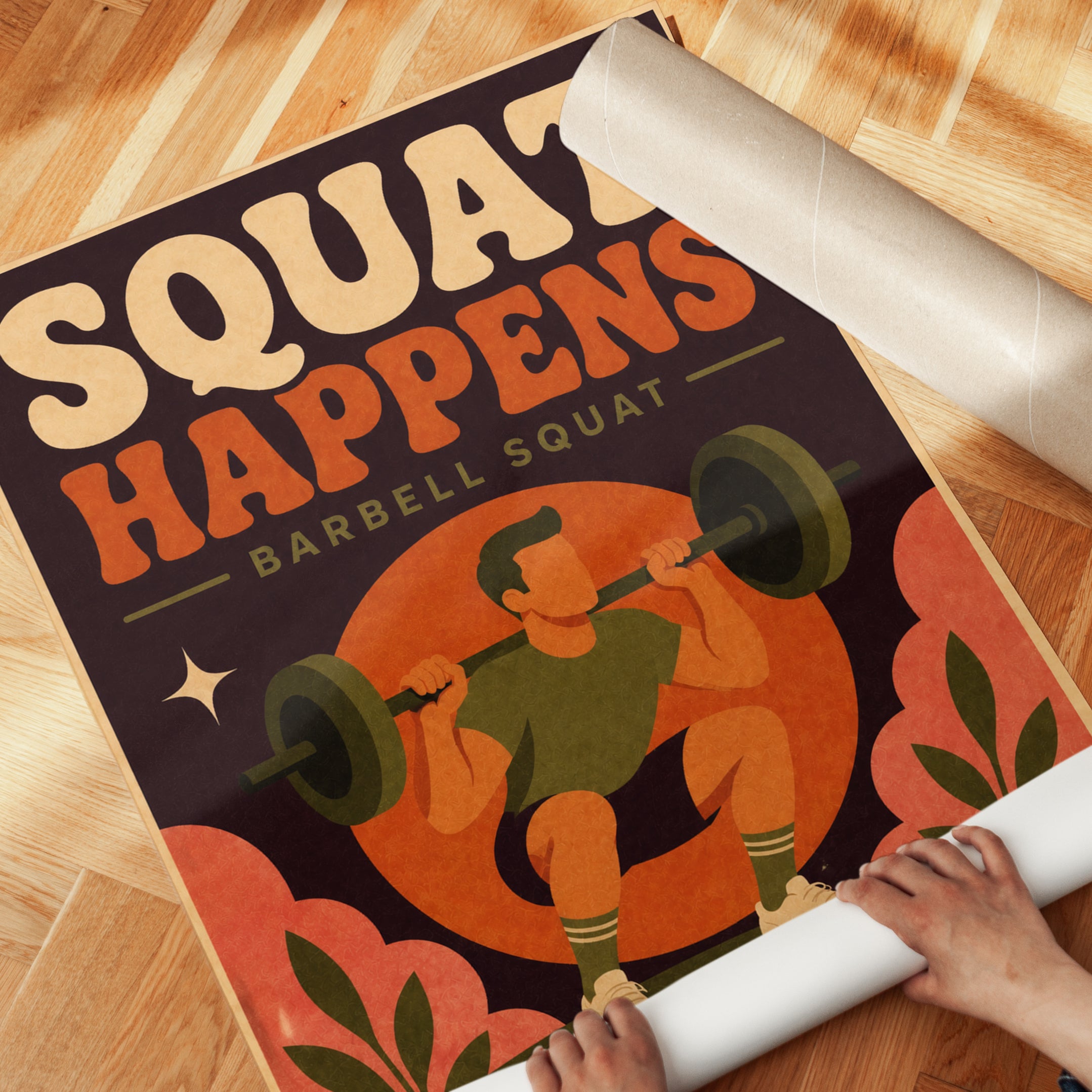 Squat Happens Gym Poster: Retro Fitness Motivation Art Print - detail