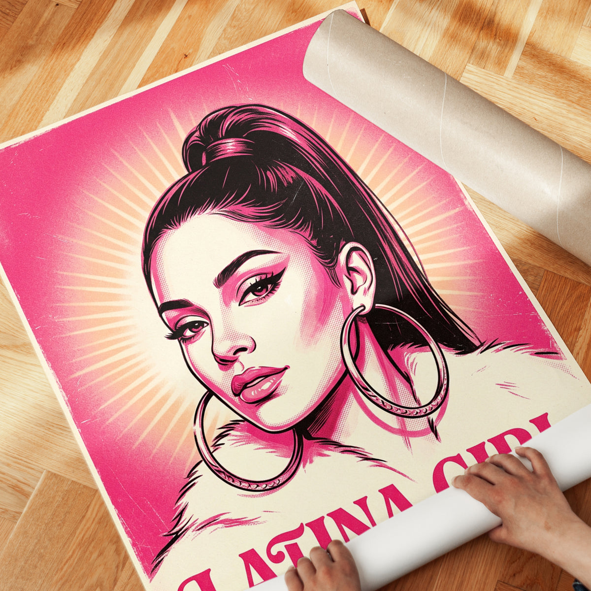 Latina Girl Pop Art Print: Pink Street Art Portrait Poster - detail