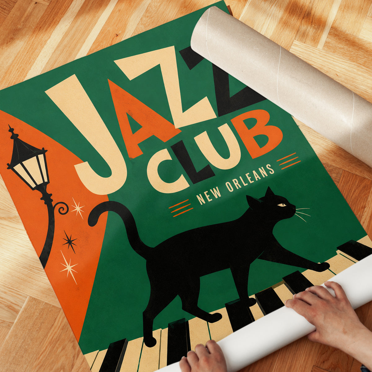 Jazz Club Art Print: Vintage Cat on Piano Keys - detail