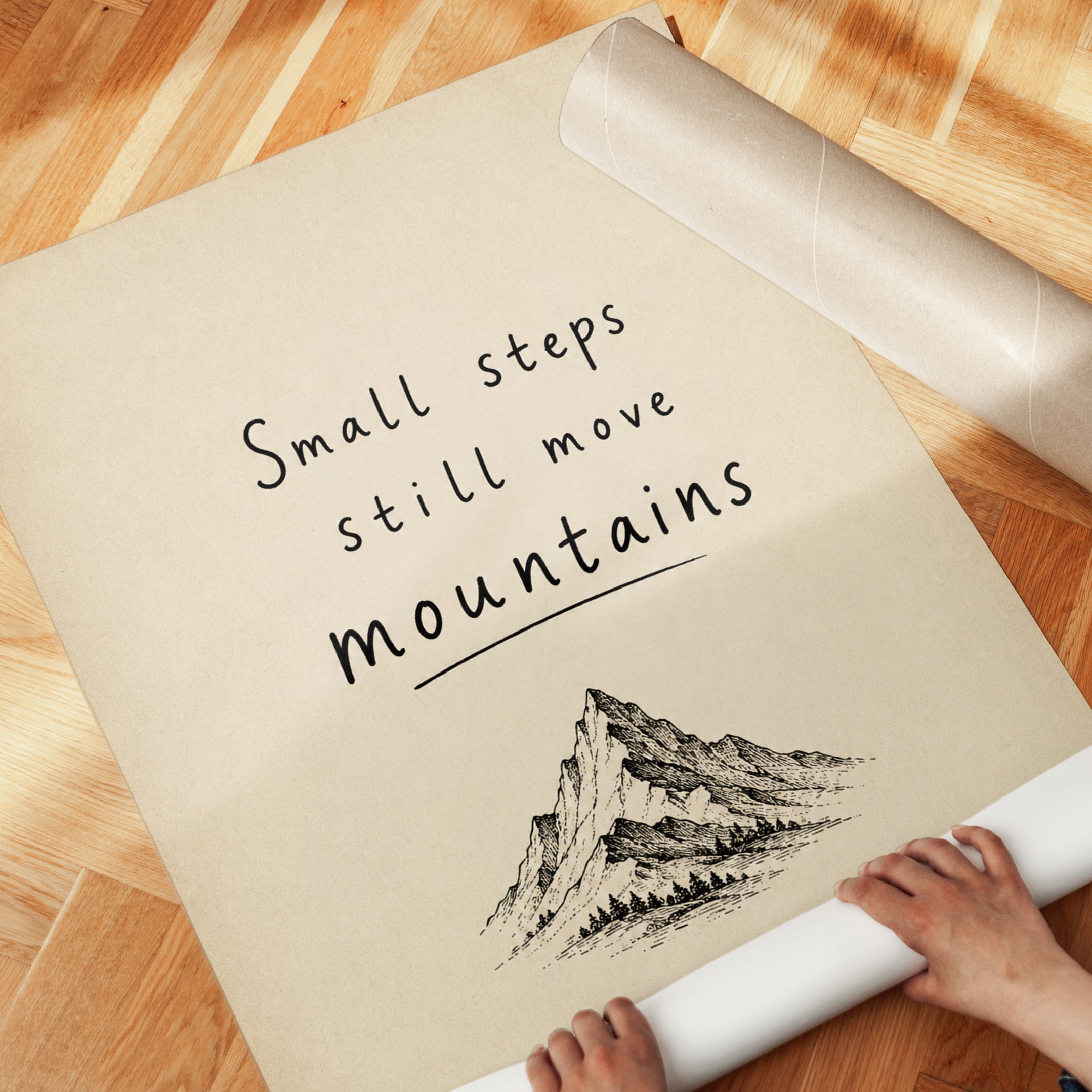 Motivational Mountain Print: Small Steps Move Mountains Quote - detail