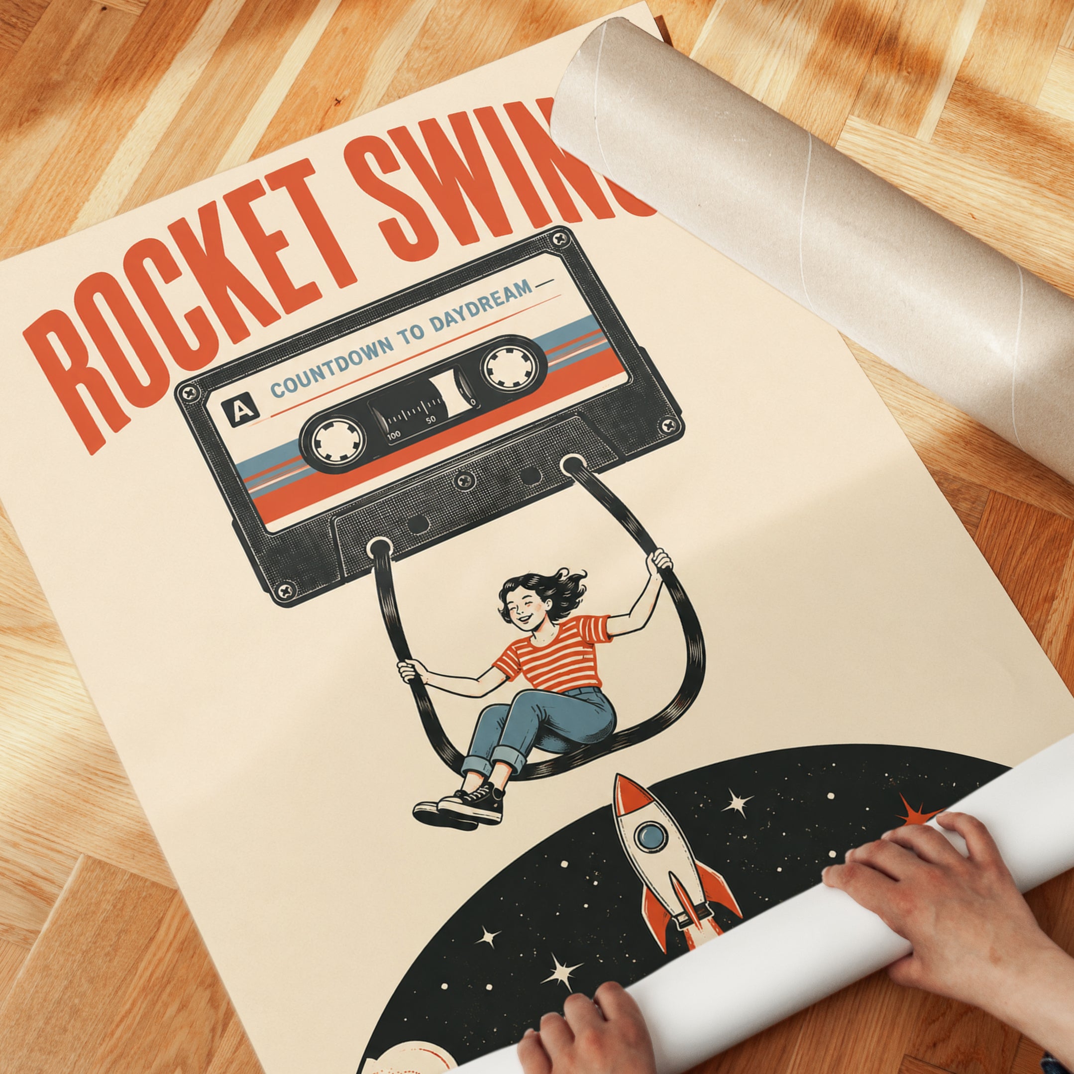 Retro Cassette Tape Rocket Print — Whimsical Music & Space Art - detail