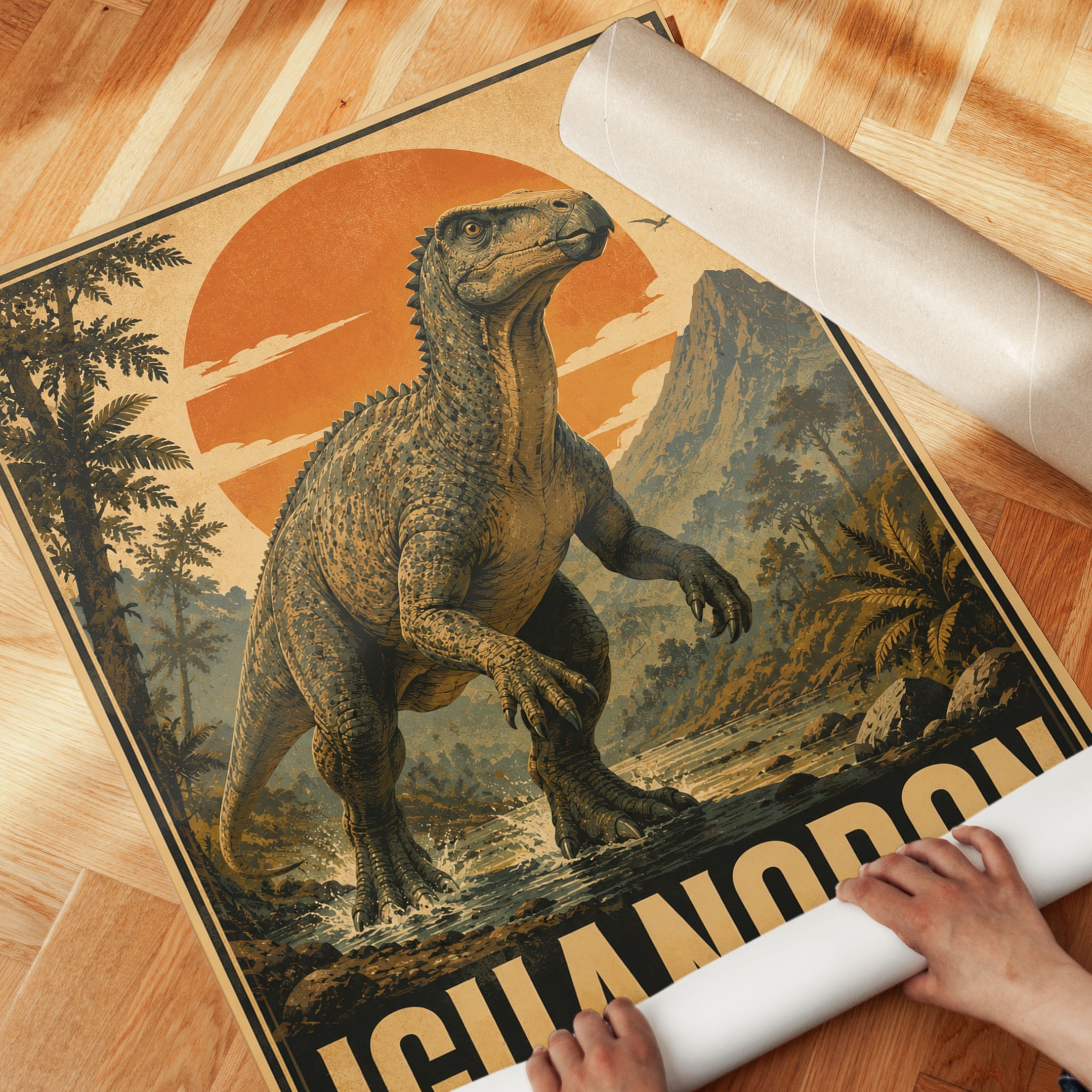 Iguanodon Dinosaur Print: Retro Paleontology Poster - detail