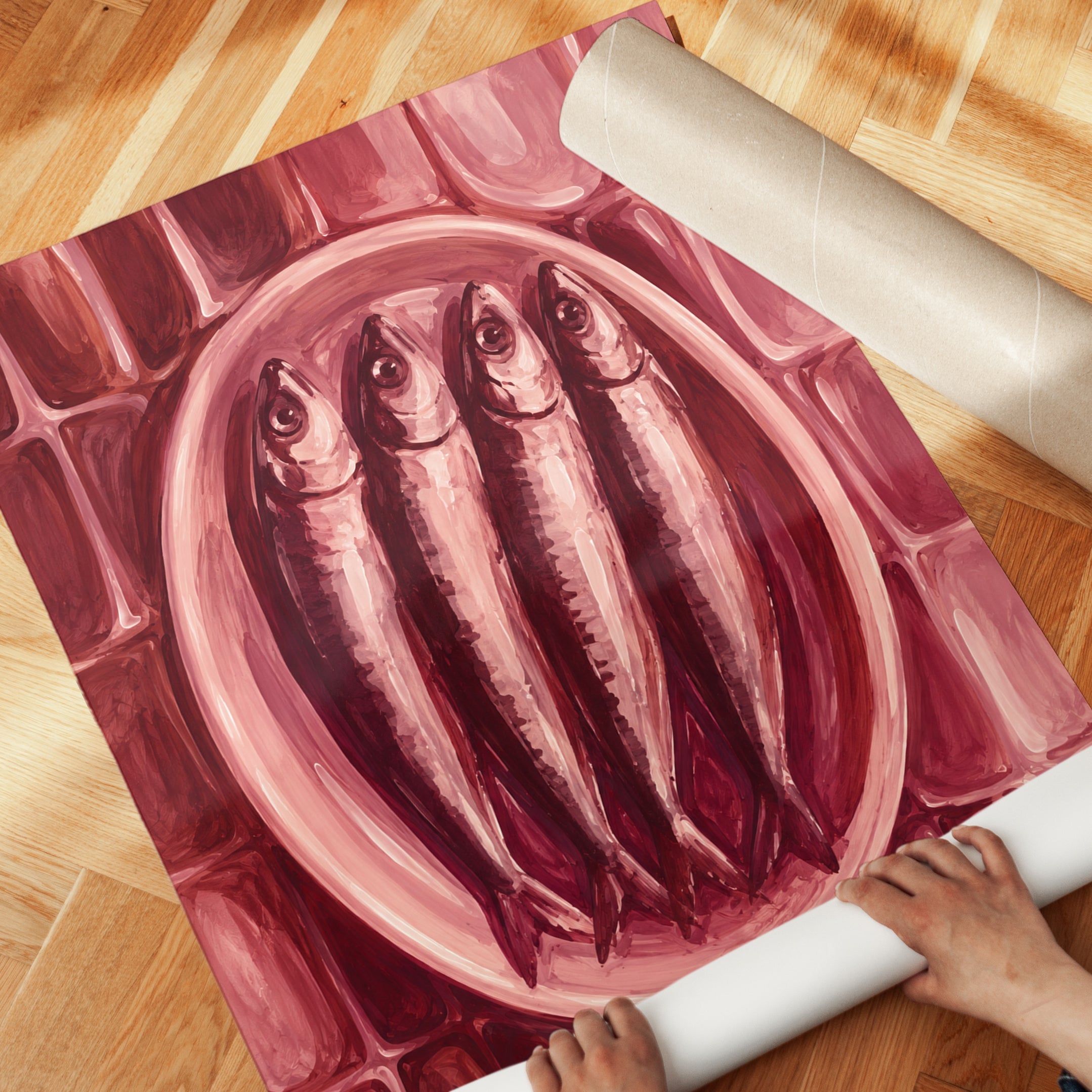 Sardines on Plate Wall Art: Monochromatic Pink Kitchen Print - detail