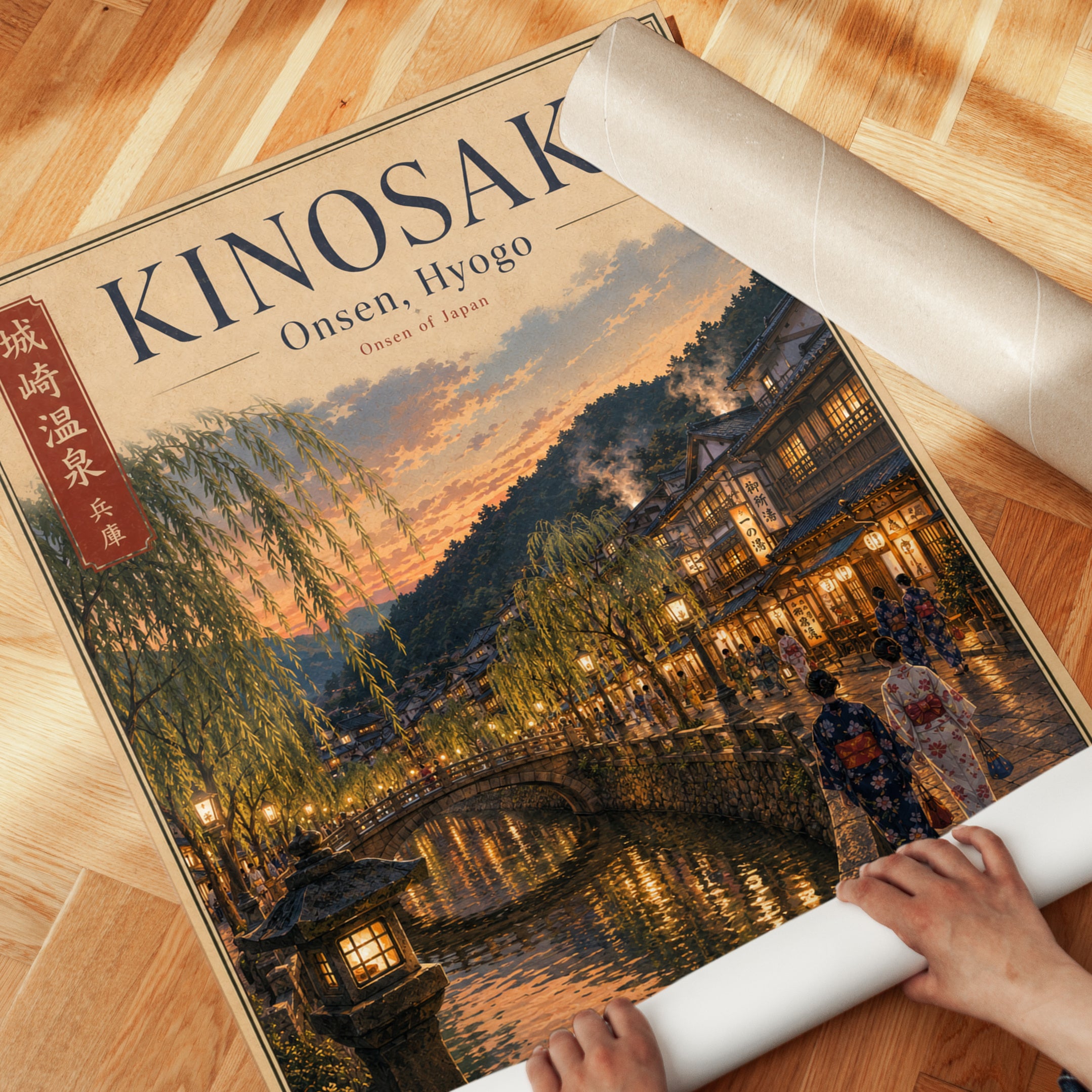 Kinosaki Onsen Evening Art Print: Japanese Hot Spring Town Sunset - detail
