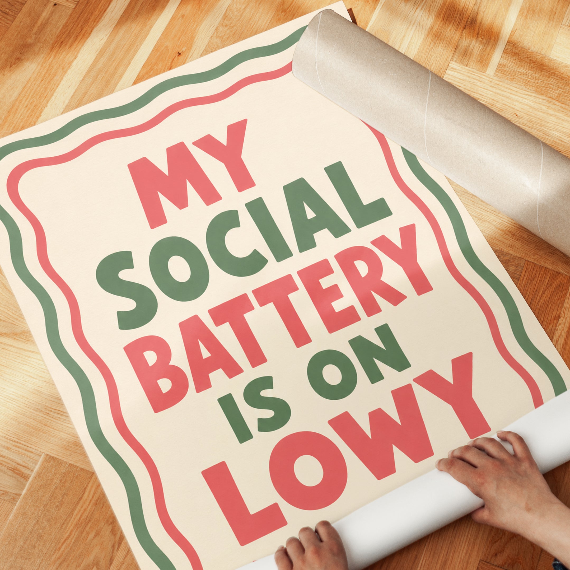 Social Battery Low Typography Print: Retro Humor Wall Art - detail