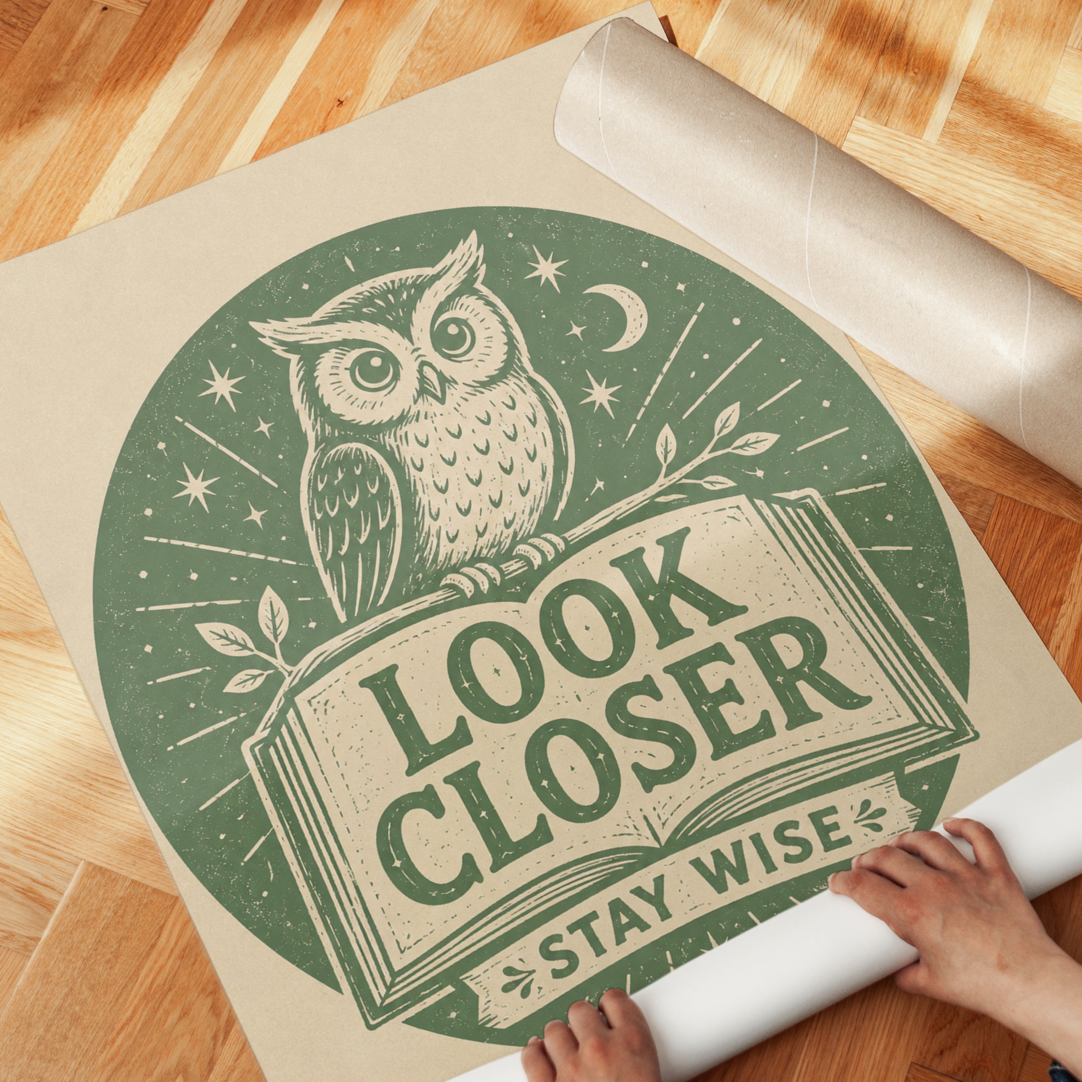 Vintage Owl and Book Print: Green Wisdom Typography Art - detail