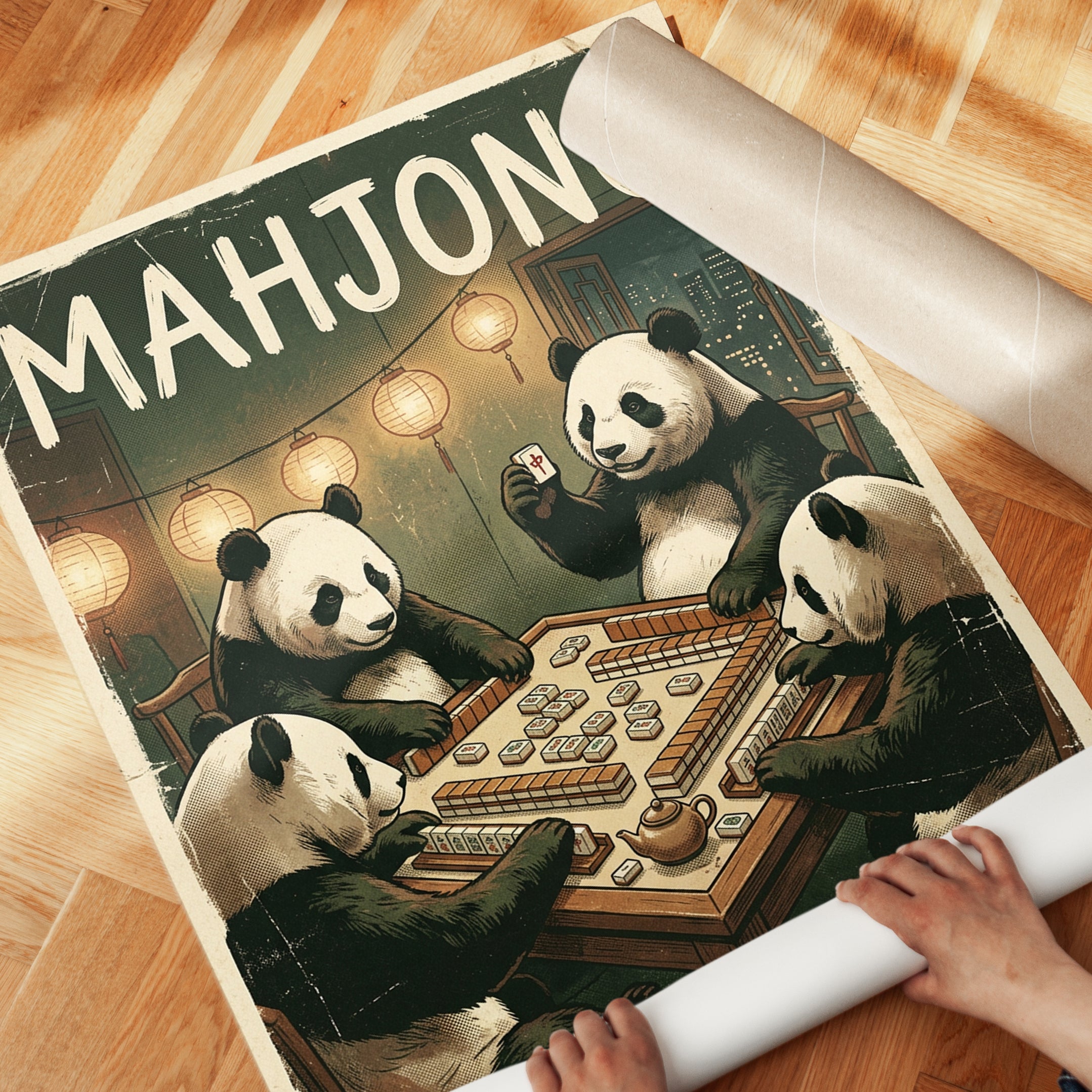 Mahjong Pandas Vintage Poster: Retro Game Room Wall Art - detail