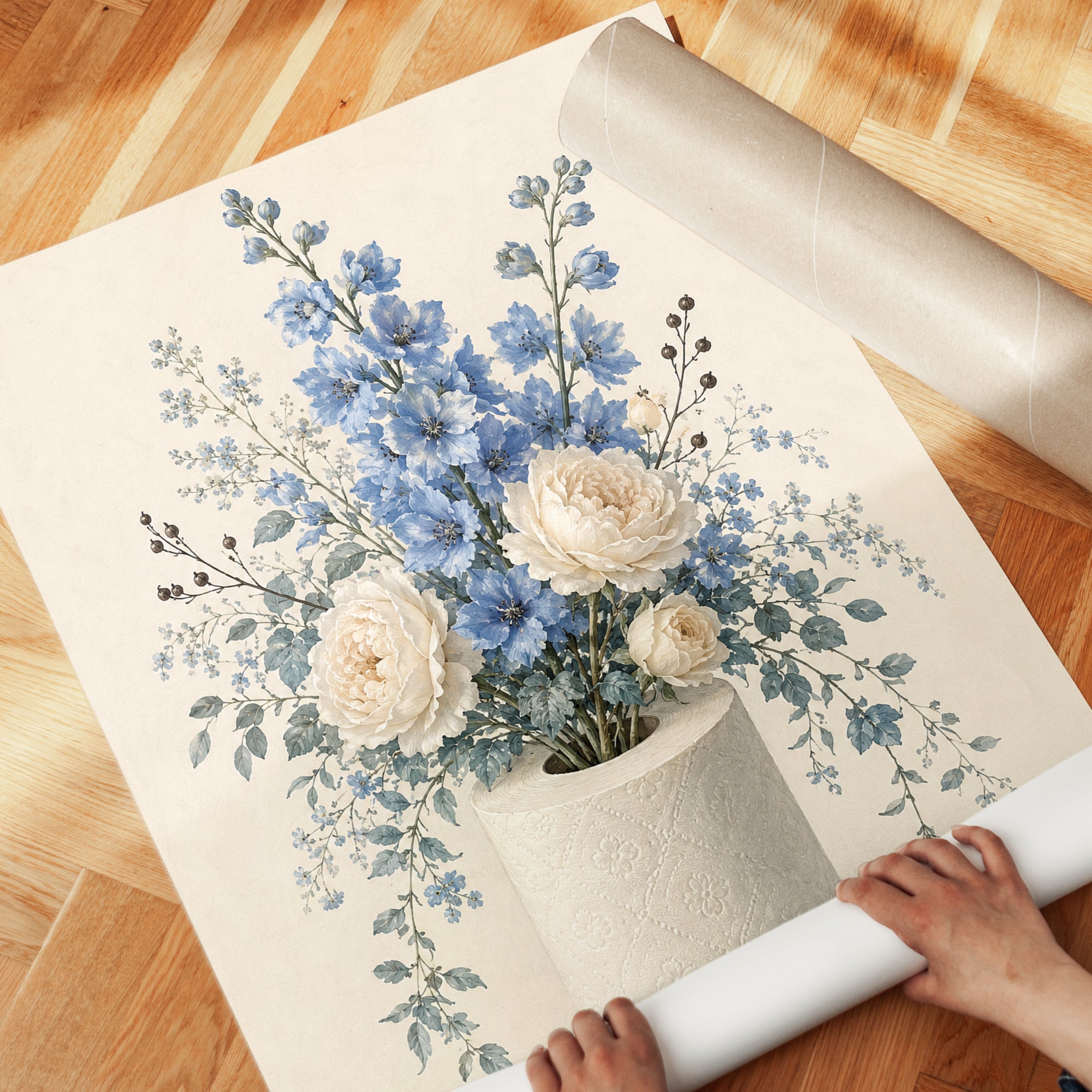 Blue Delphinium White Roses Art Print: Soft Botanical Floral - detail