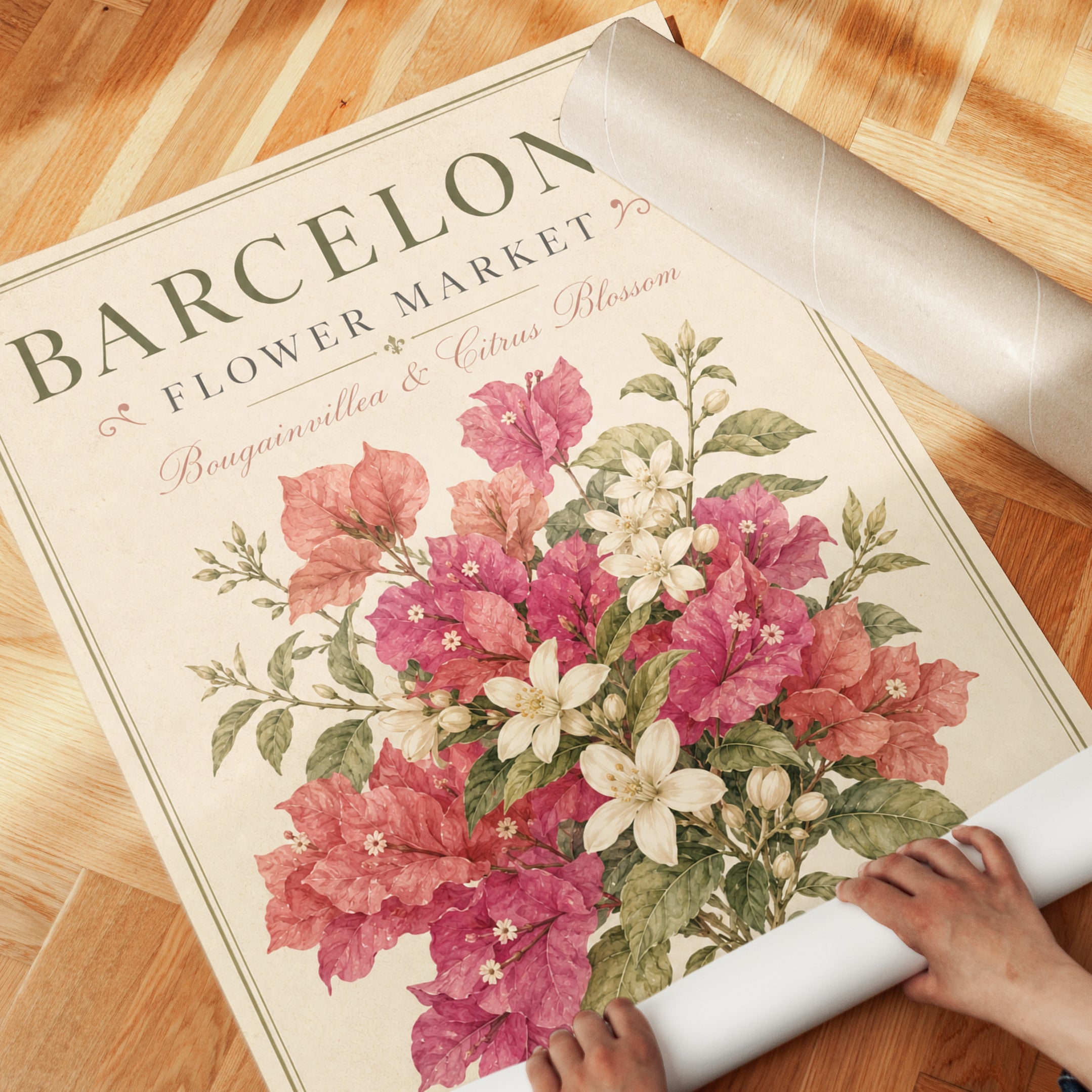 Barcelona Floral Print — Vintage Botanical Bougainvillea & Citrus - detail