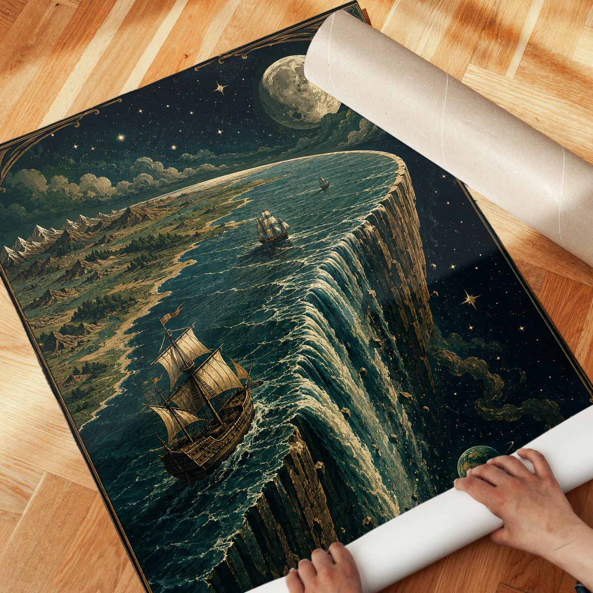 Flat Earth Sailing Ship Print: Vintage Celestial Map Art - detail