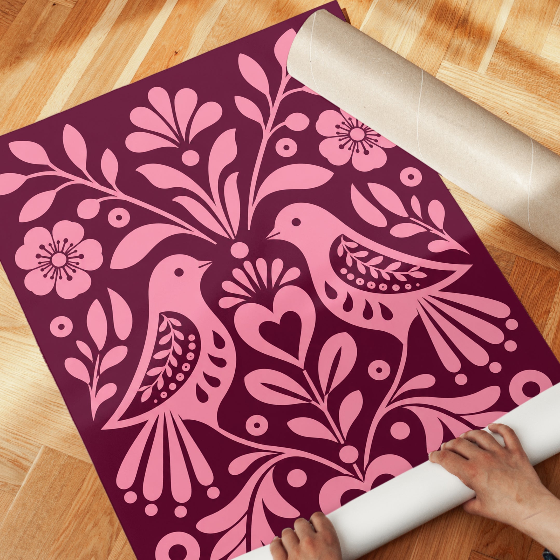 Folk Art Bird Print – Pink Burgundy Wall Art - detail