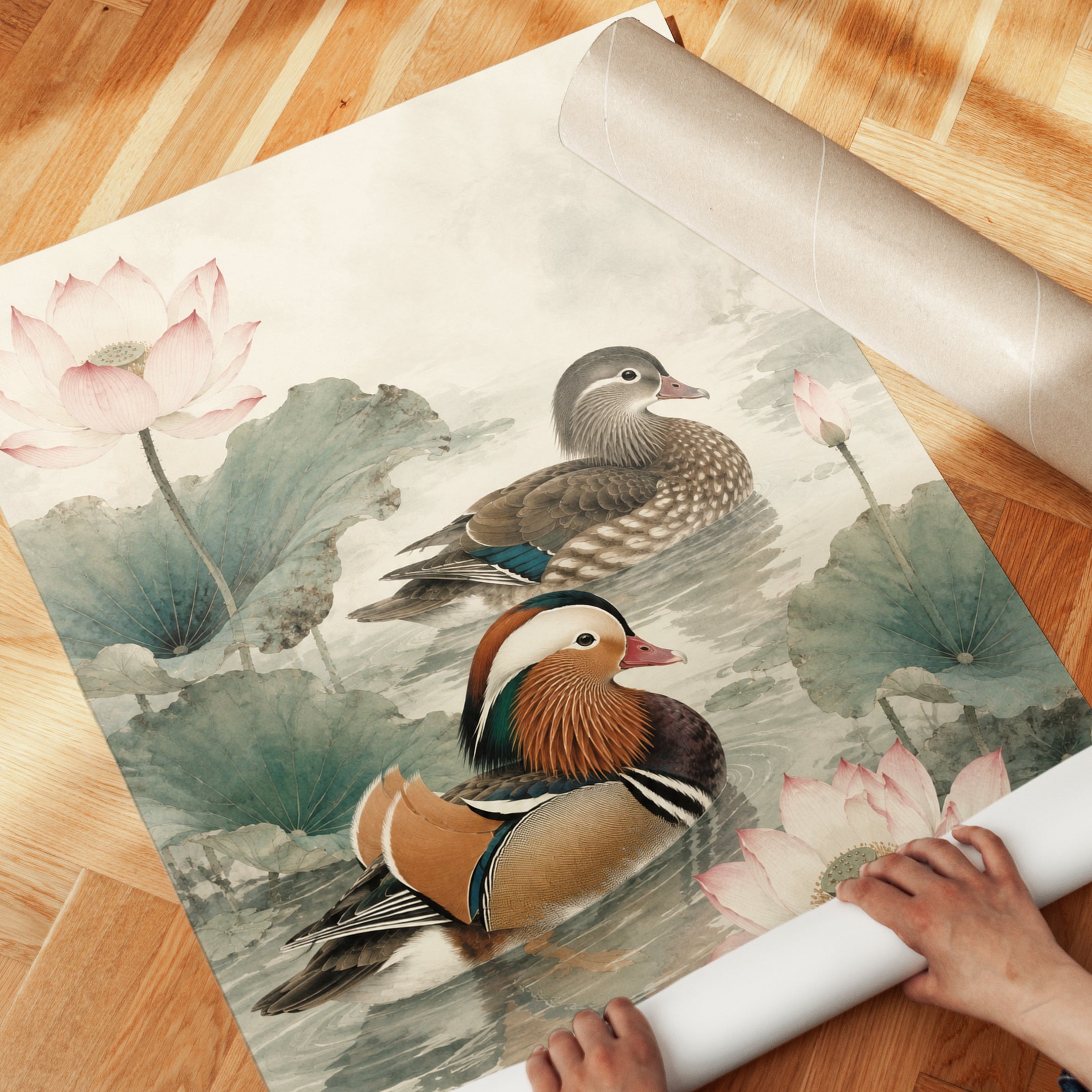 Mandarin Duck Wall Art – Lotus Flower Print - detail