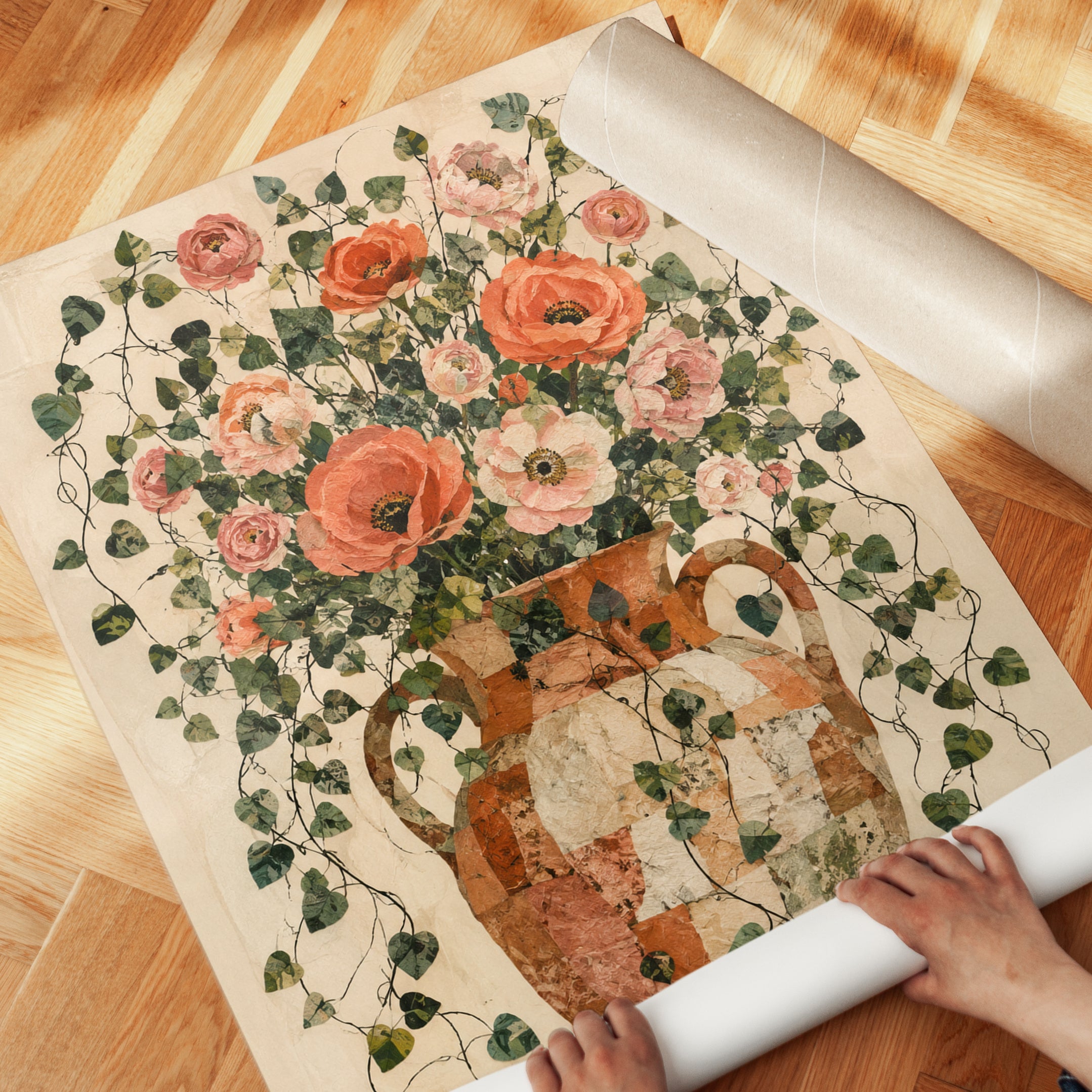 Coral Poppies and Roses in Terracotta Vase: Botanical Wall Art - detail