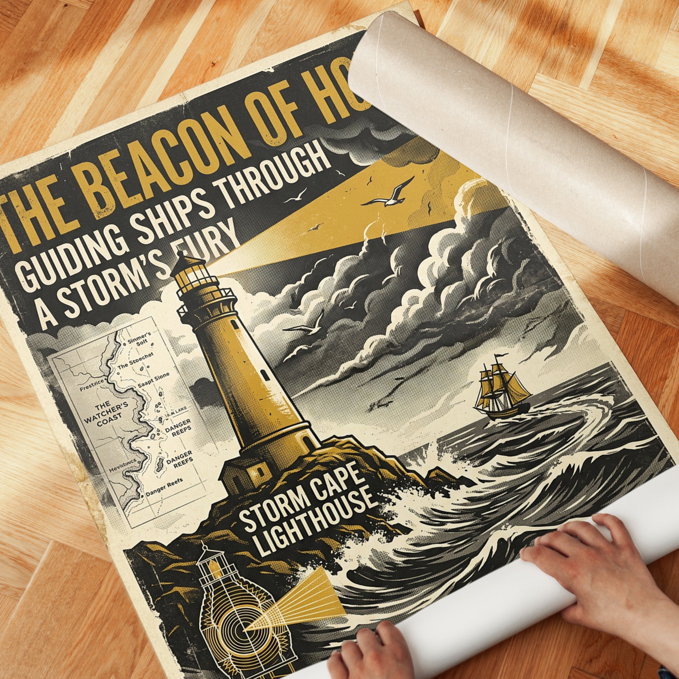Vintage Lighthouse Storm Poster: Retro Maritime Navigation Art - detail