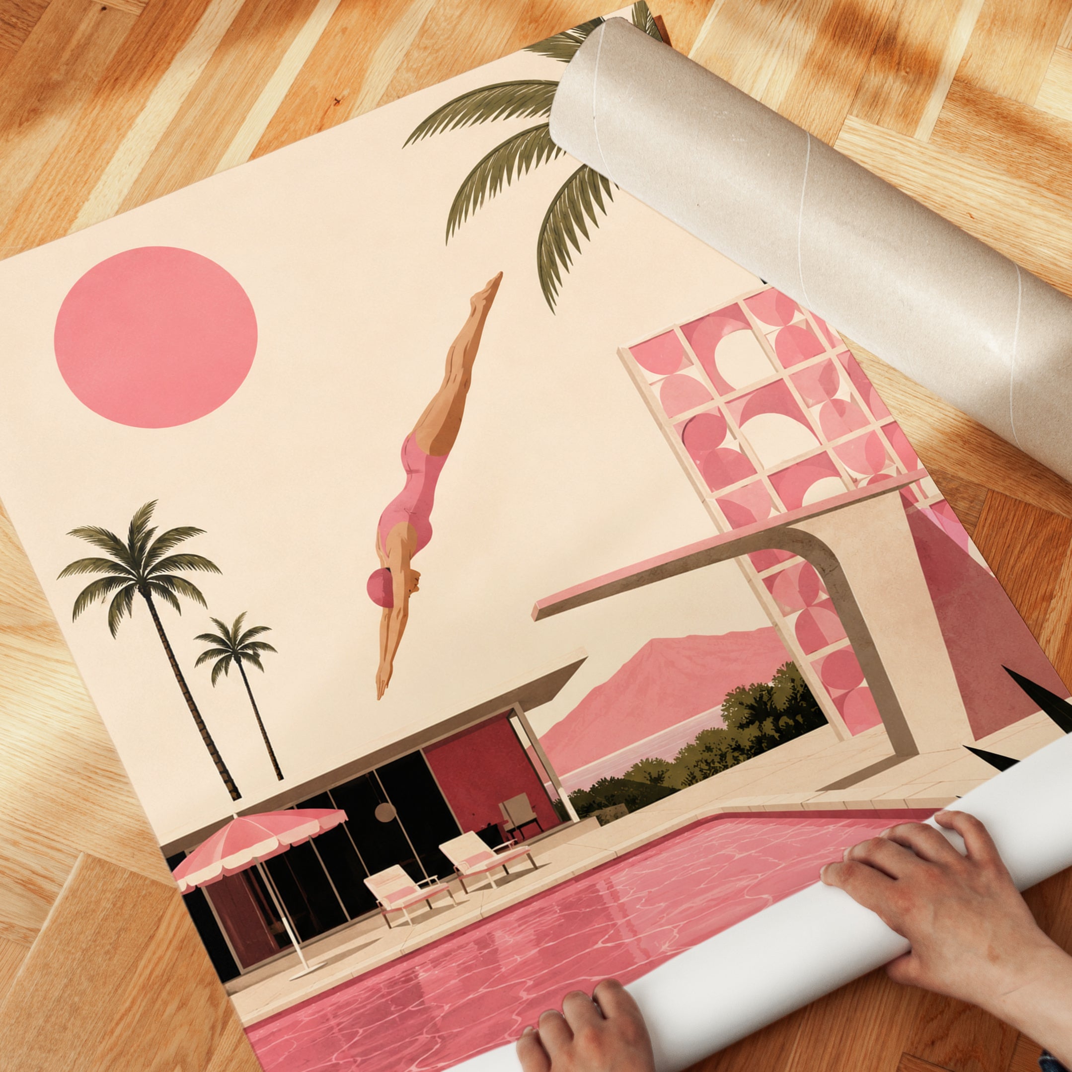 Pink Palm Springs Pool Diver: Mid-Century Modern Art Print - detail