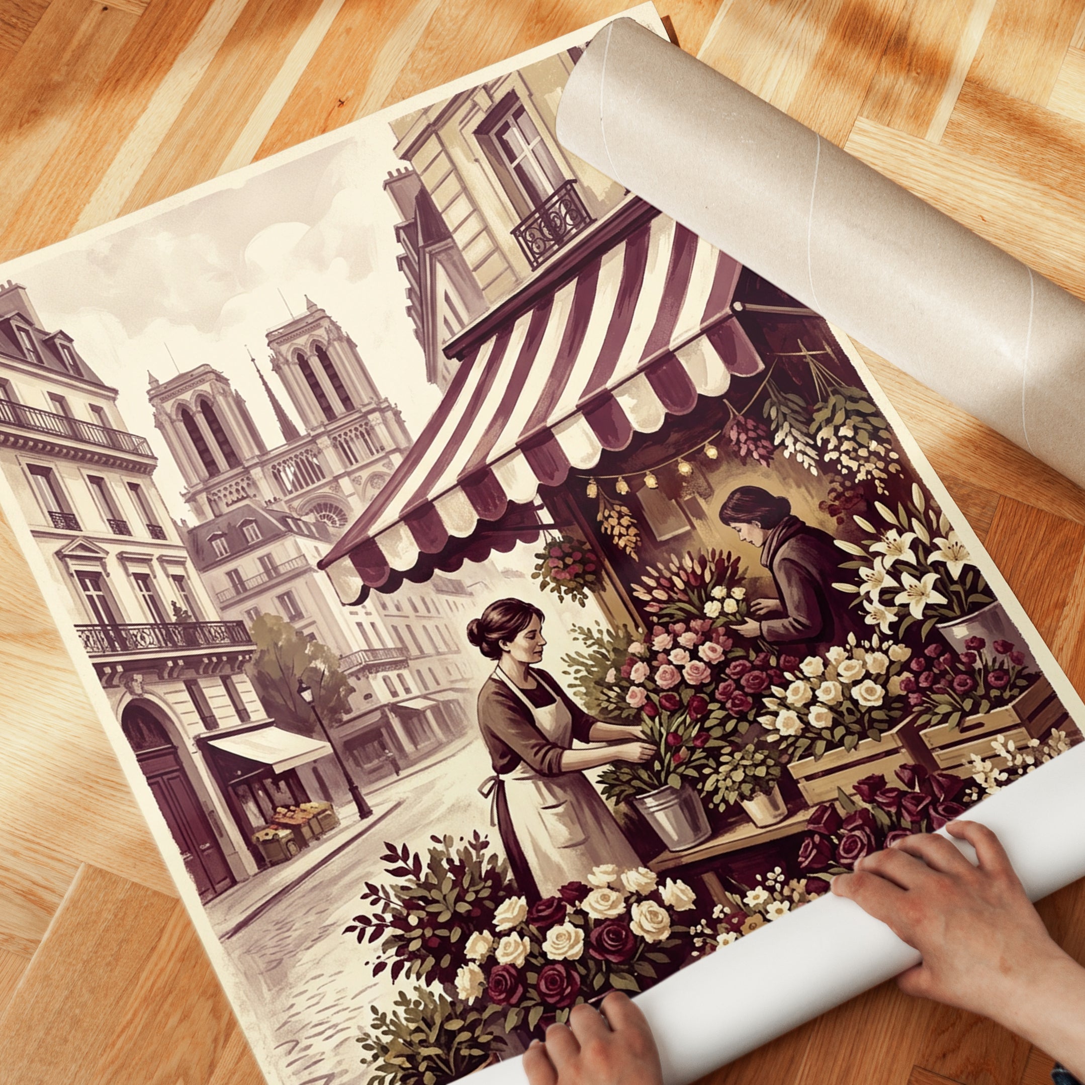 Parisian Flower Market Art Print: Vintage Paris Street Scene - detail