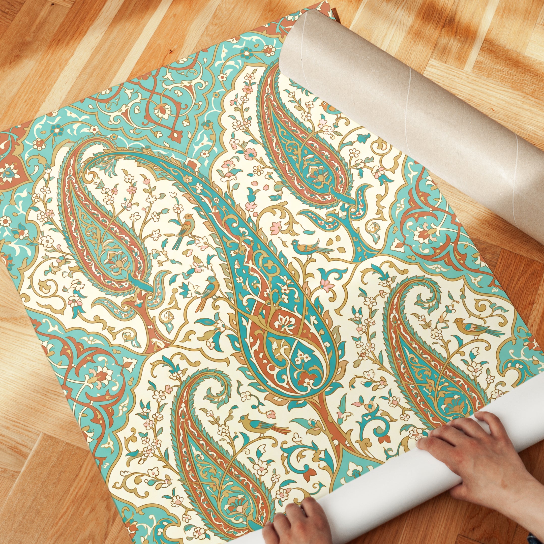 Persian Paisley Art Print: Turquoise & Coral Boho Botanical - detail