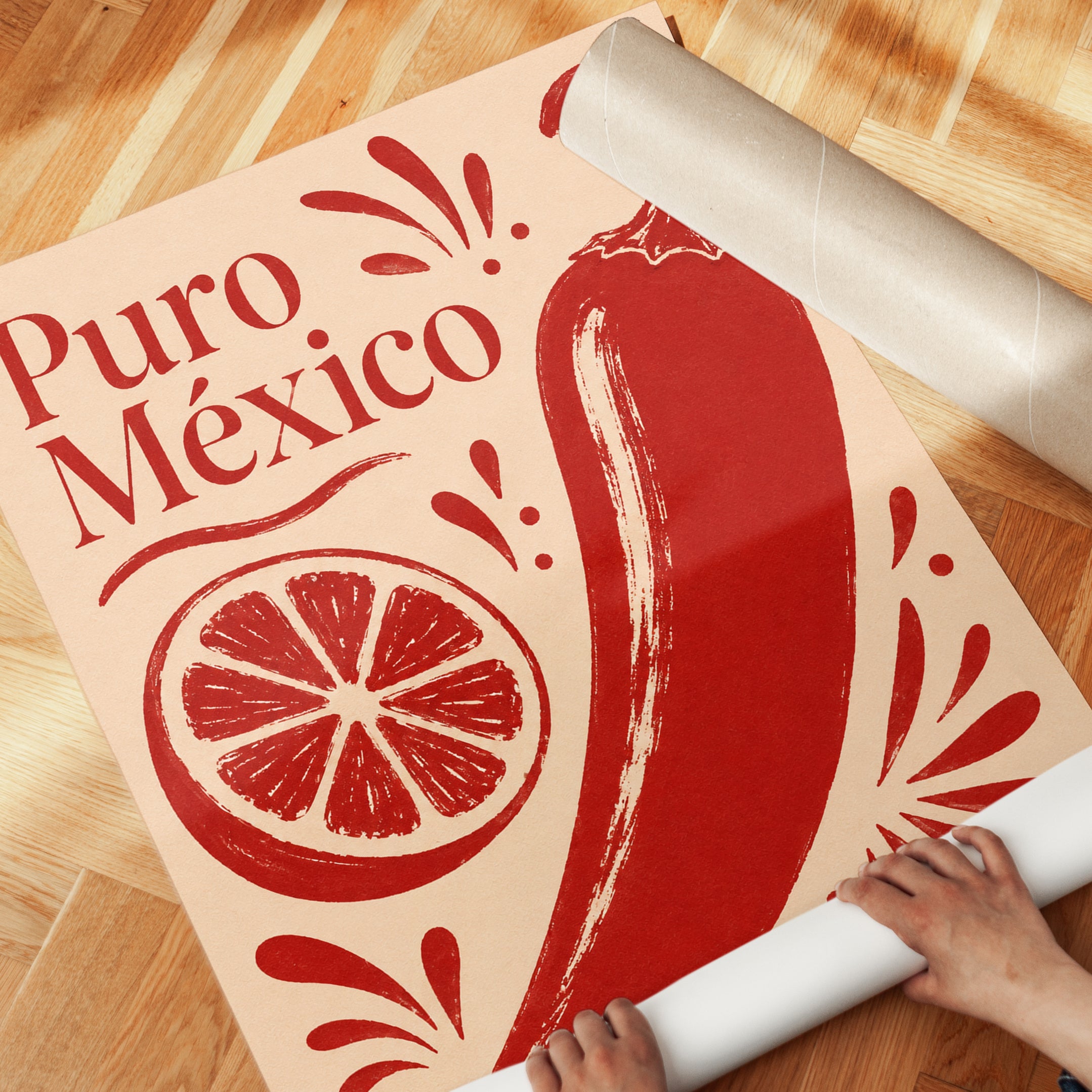 Puro Mexico Chili Pepper Print: Retro Red Kitchen Wall Art - detail