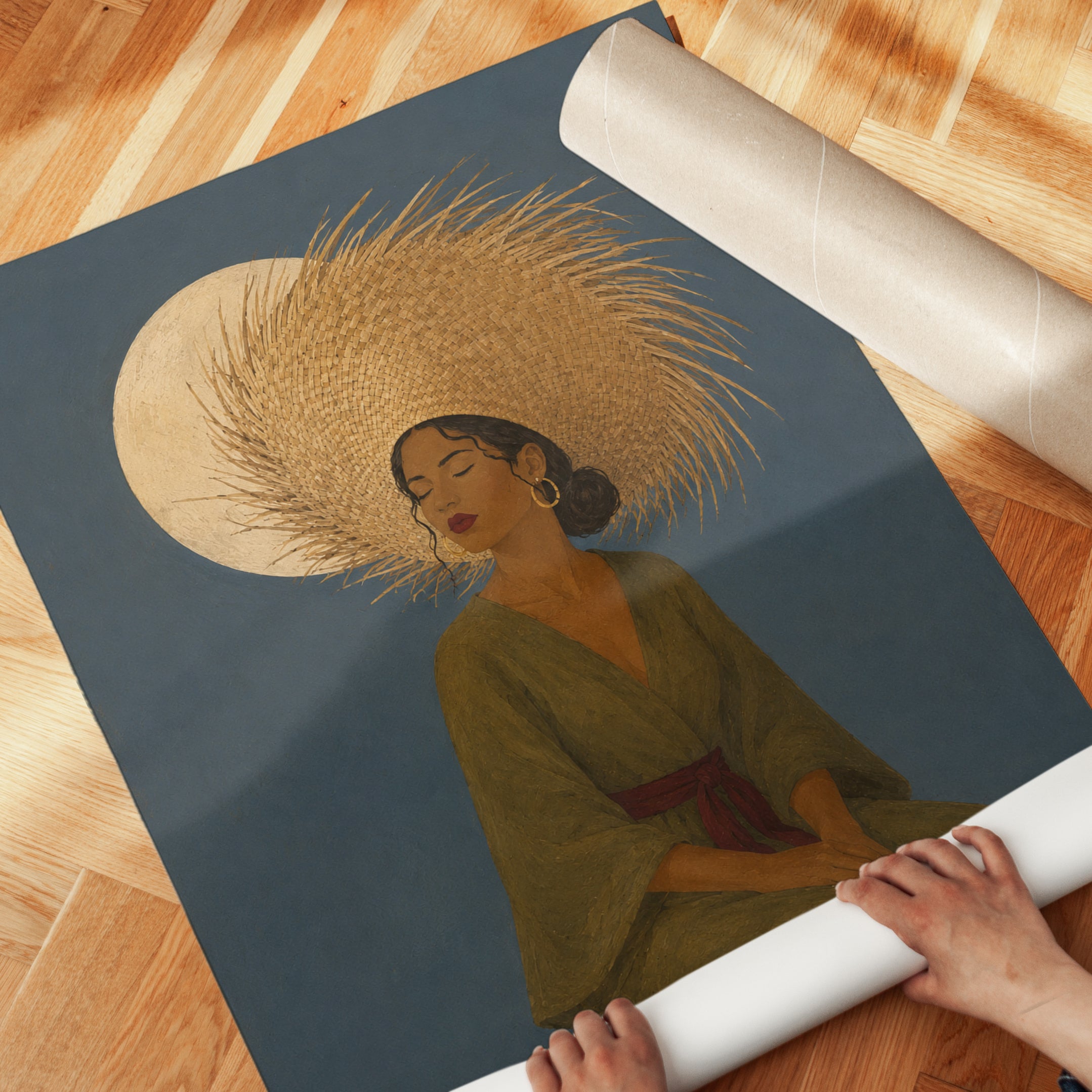 Woman with Straw Hat Folk Art Portrait Print - detail