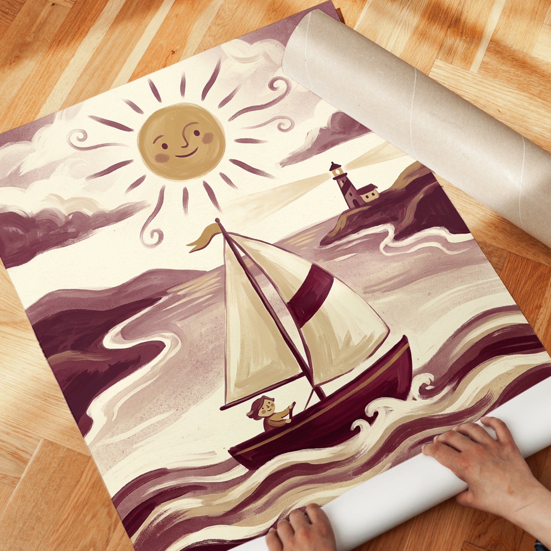 Whimsical Sailboat Art Print: Vintage Nautical Lighthouse Scene - detail