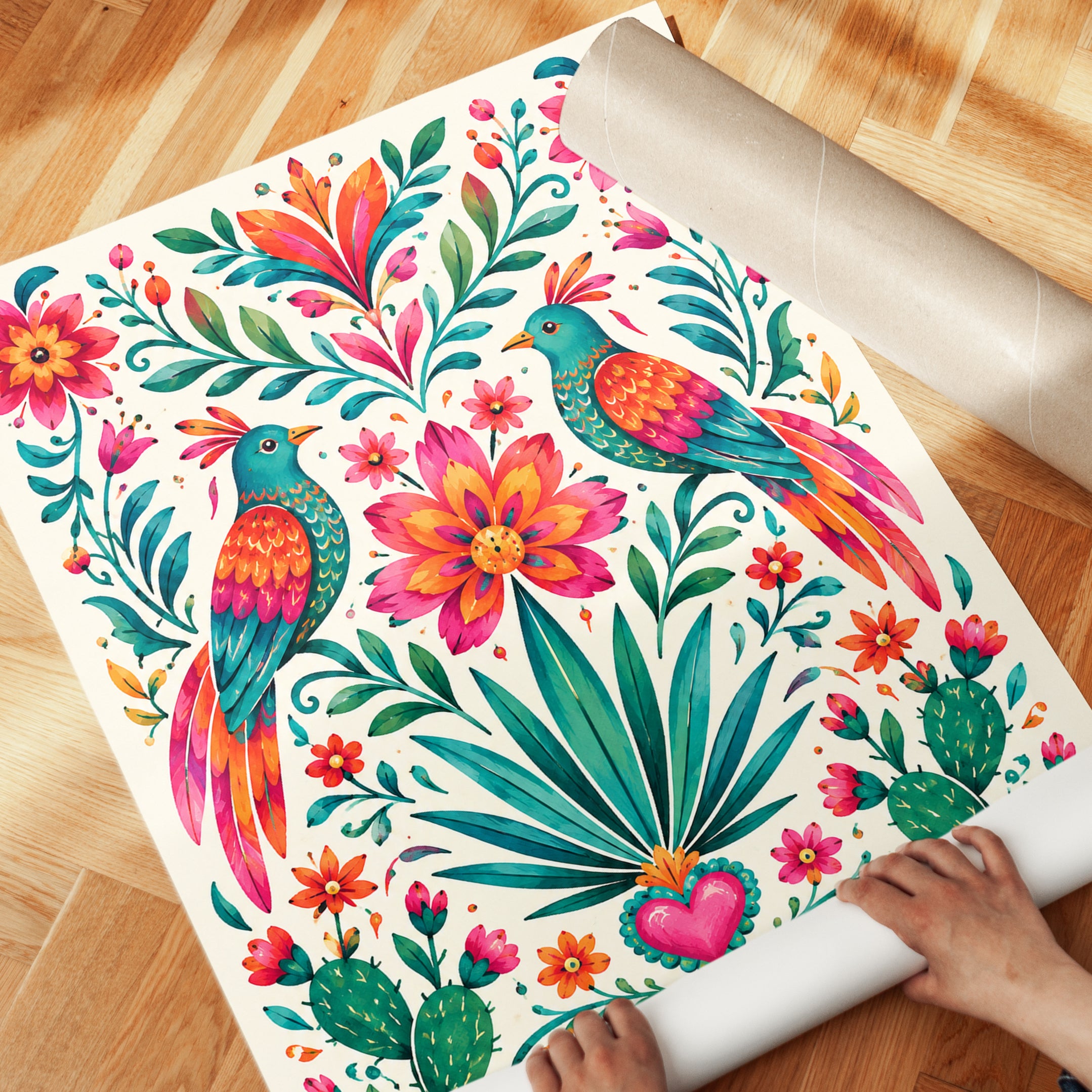 Mexican Folk Art Print – Colorful Bird Wall Art - detail