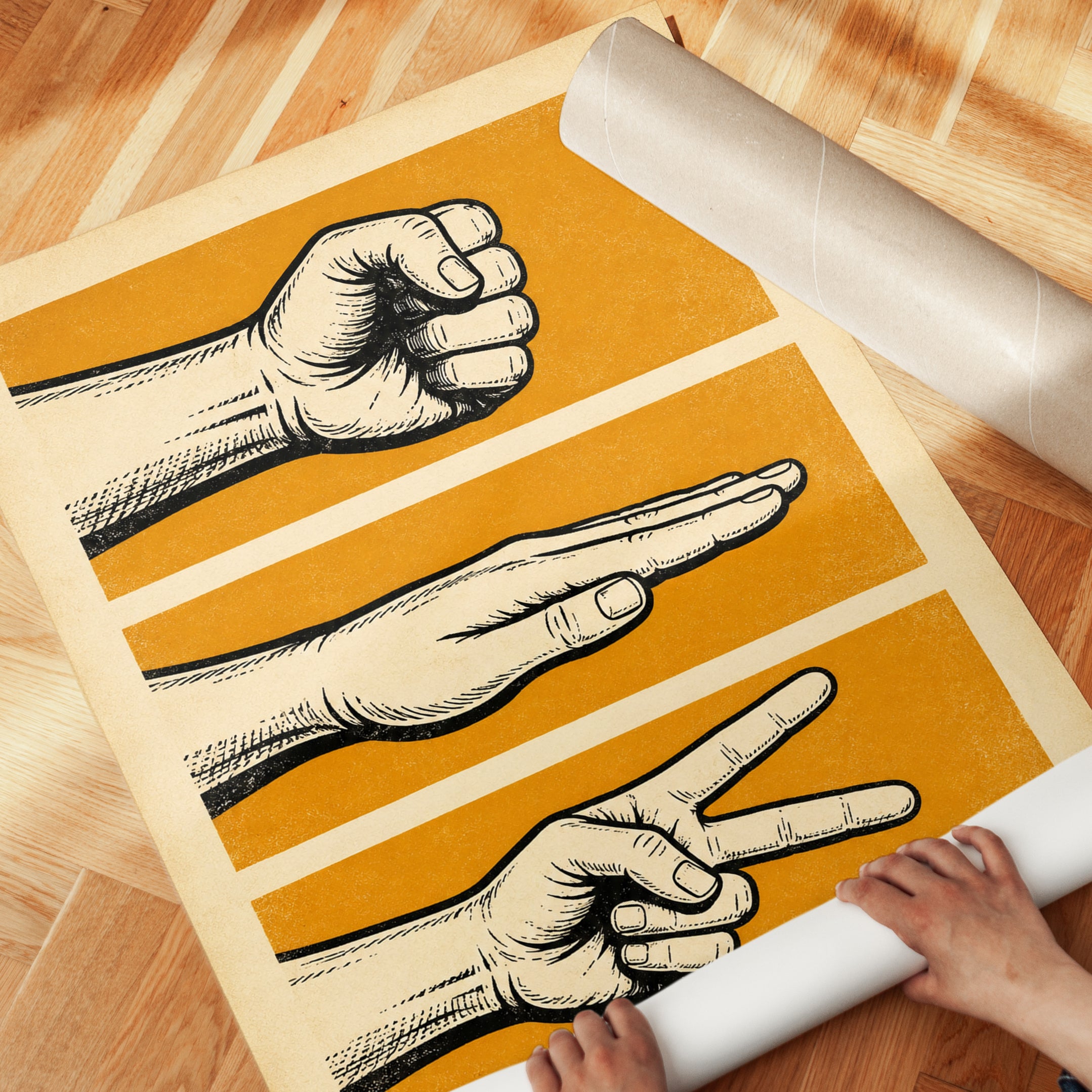 Rock Paper Scissors Print: Vintage Orange Game Illustration - detail
