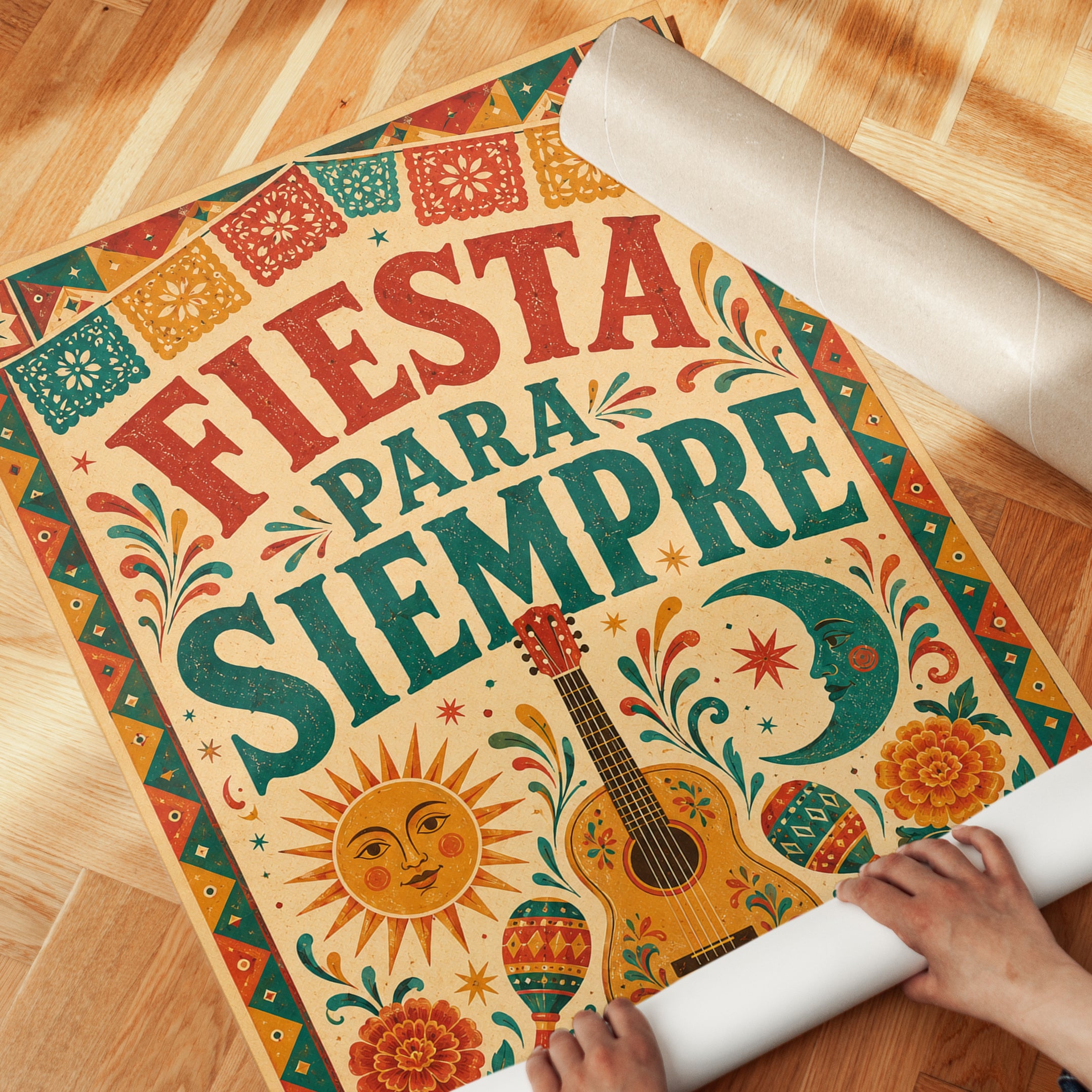 Fiesta Para Siempre Print: Colorful Mexican Folk Art Wall Decor - detail