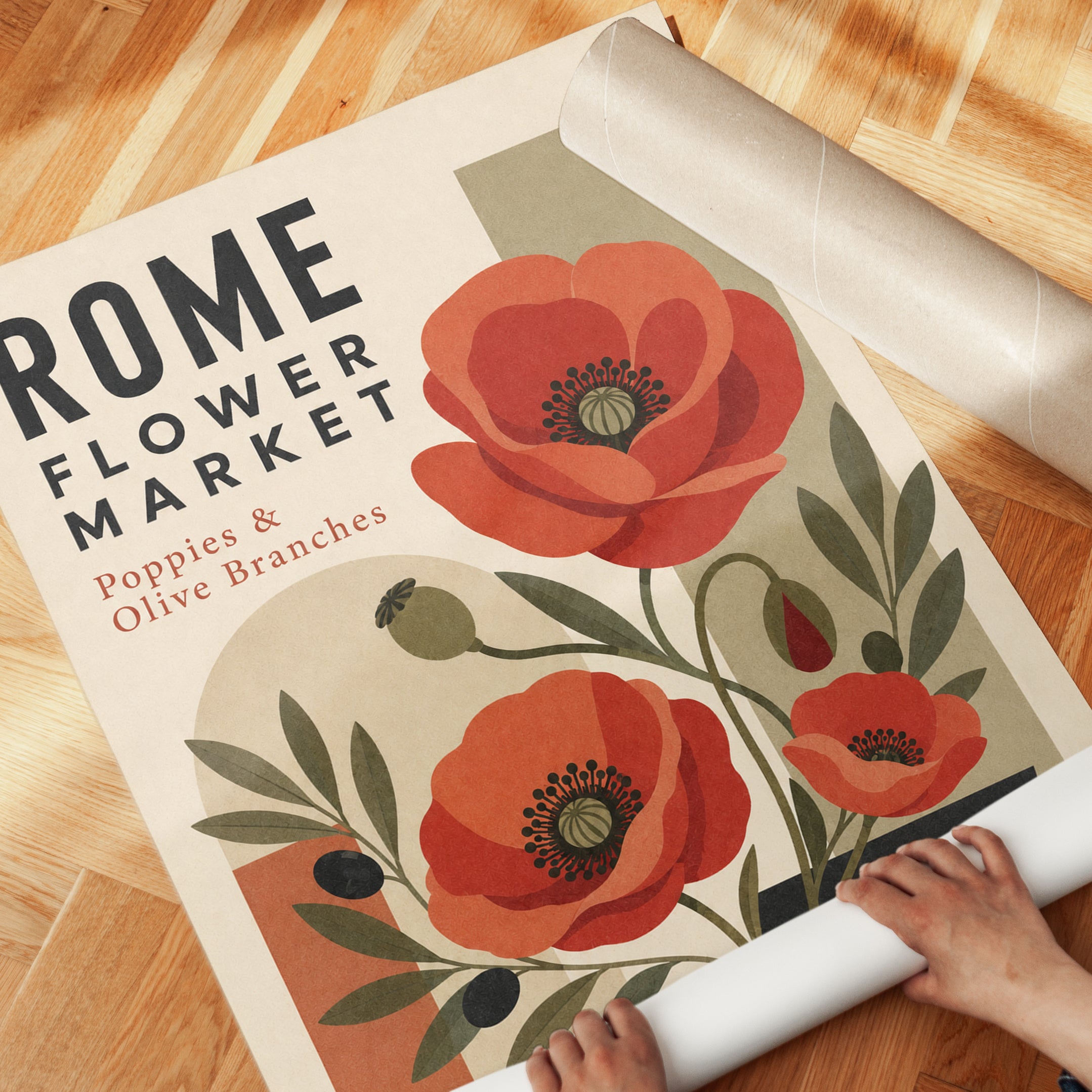 Botanical Poppy Print — Vintage Rome Flower Market Poster - detail