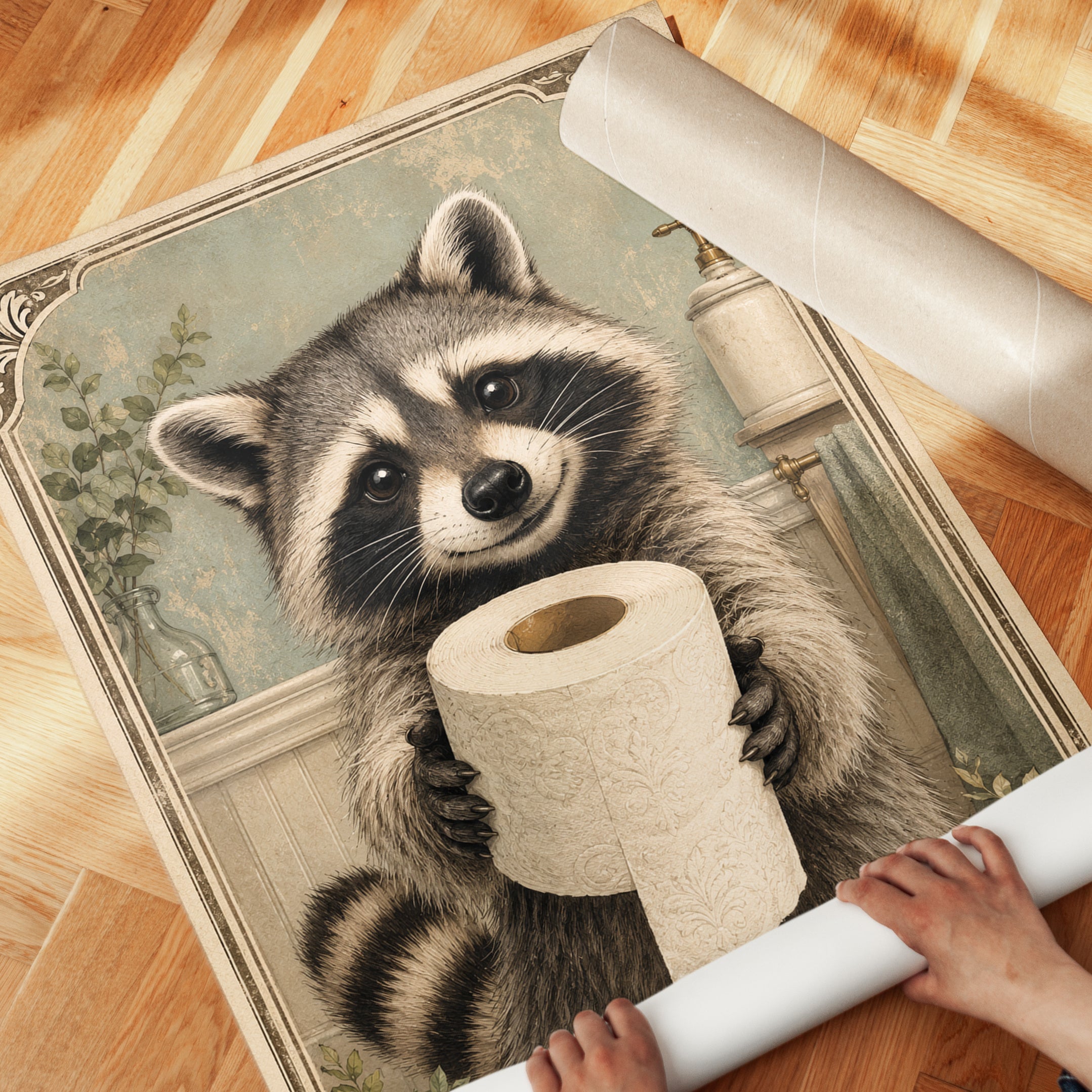 Raccoon Wall Art: Vintage Bathroom Animal - detail