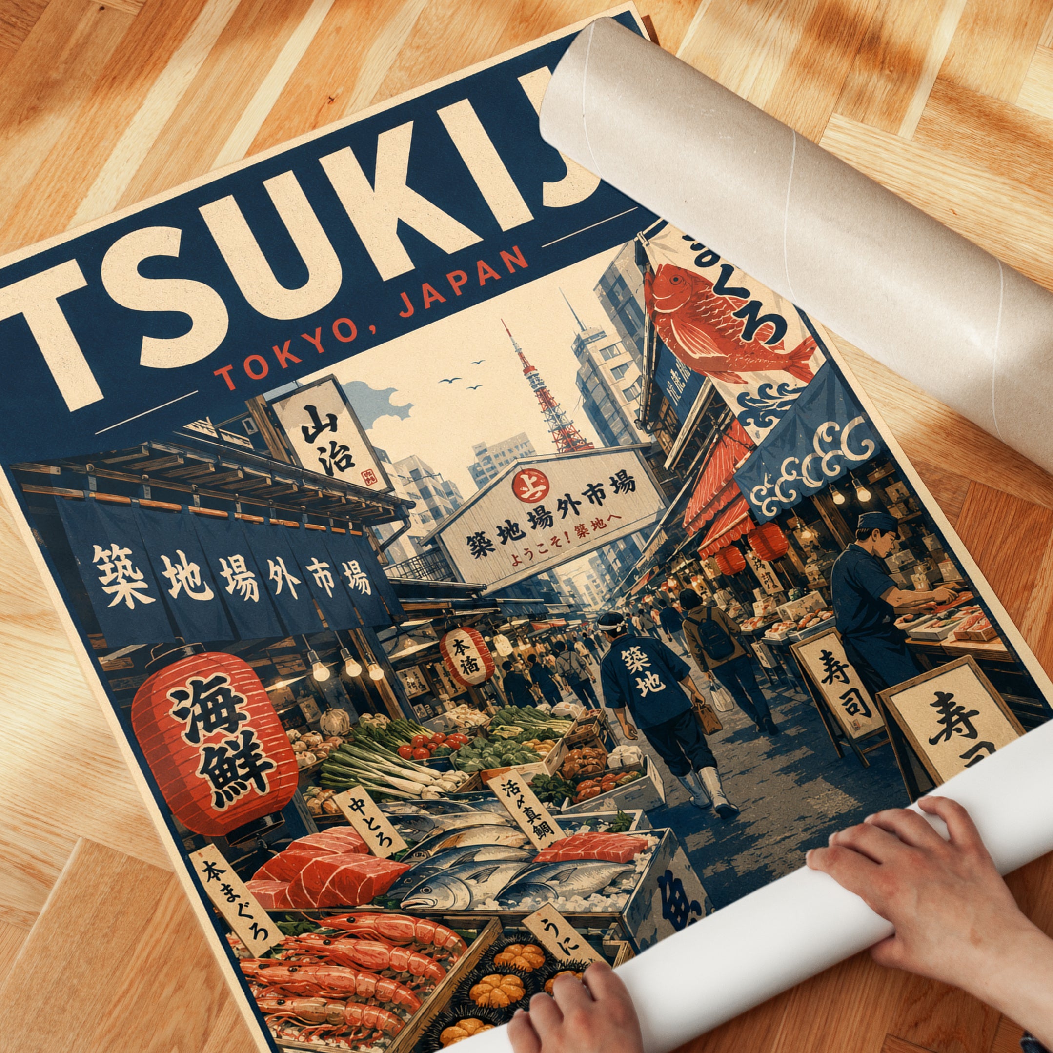Tsukiji Tokyo Travel Poster — Vintage Japanese Fish Market Print - detail