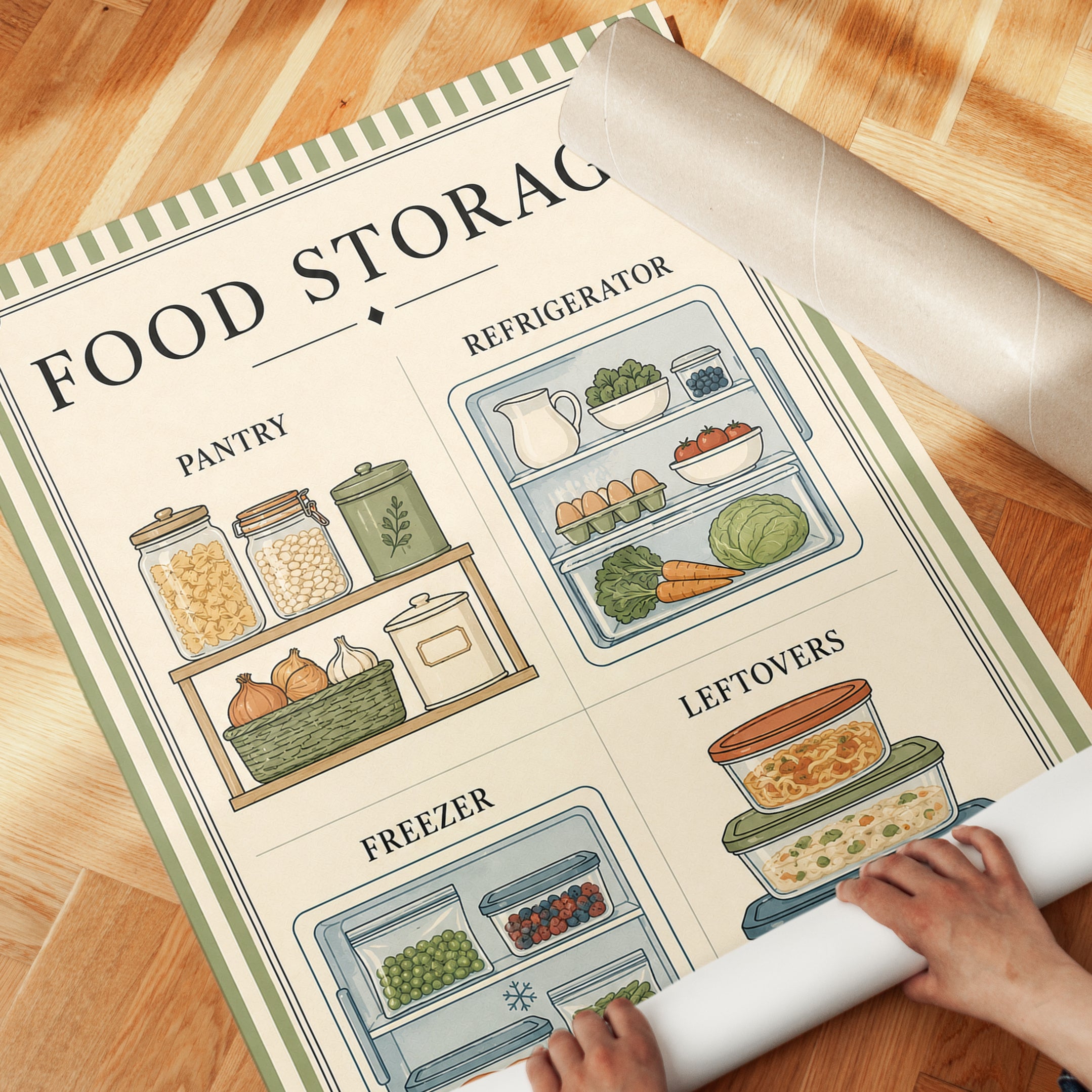 Food Storage Kitchen Guide Print: Vintage Educational Poster - detail