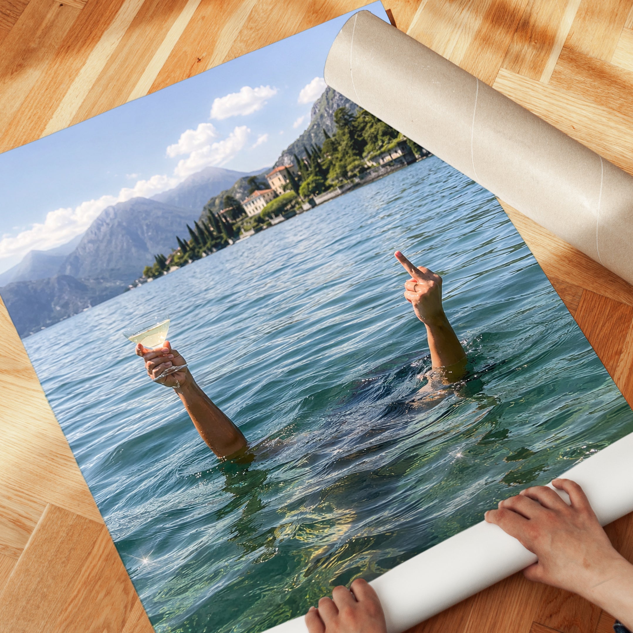 Italian Lake Swimming Wall Art: Humorous Alpine Water Scene - detail