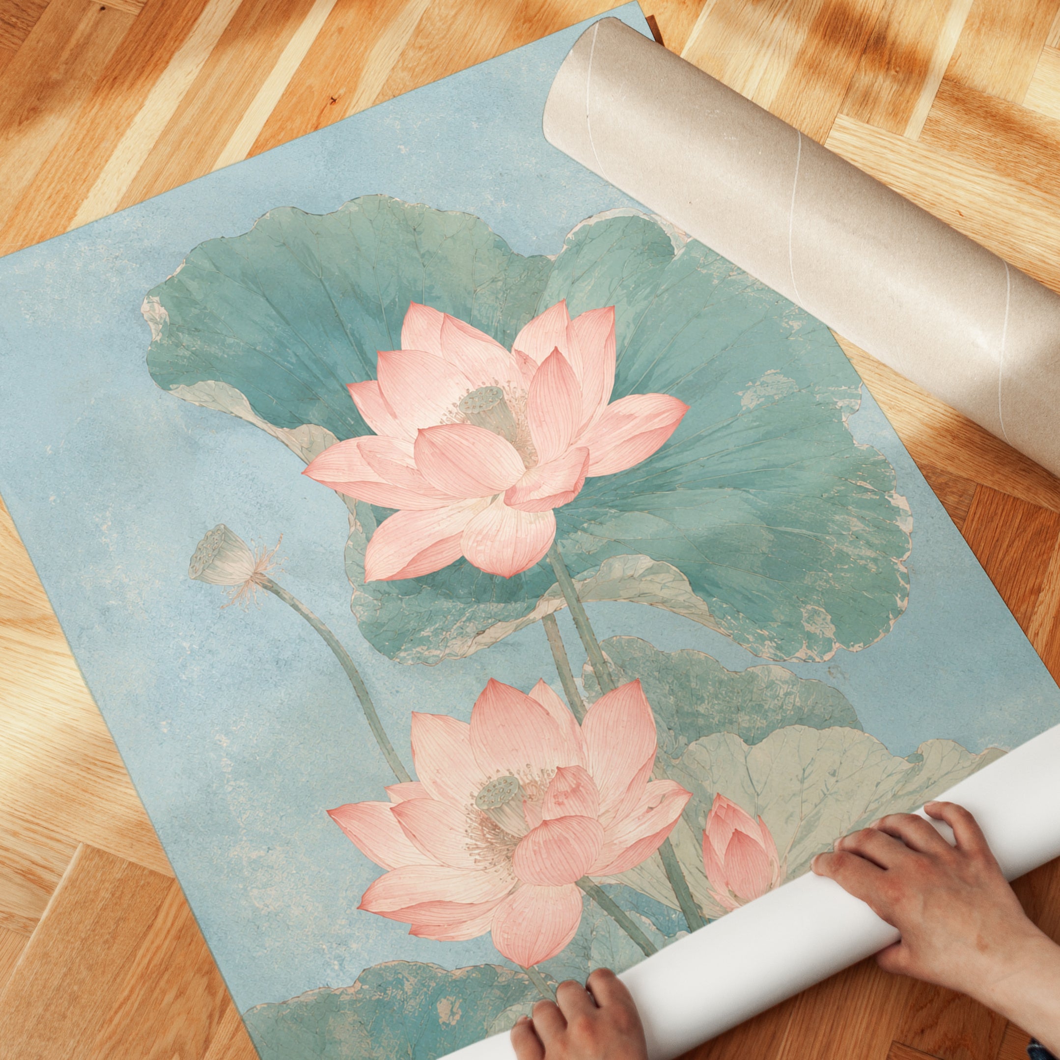Pink Lotus Flowers Art Print: Vintage Botanical Watercolor - detail