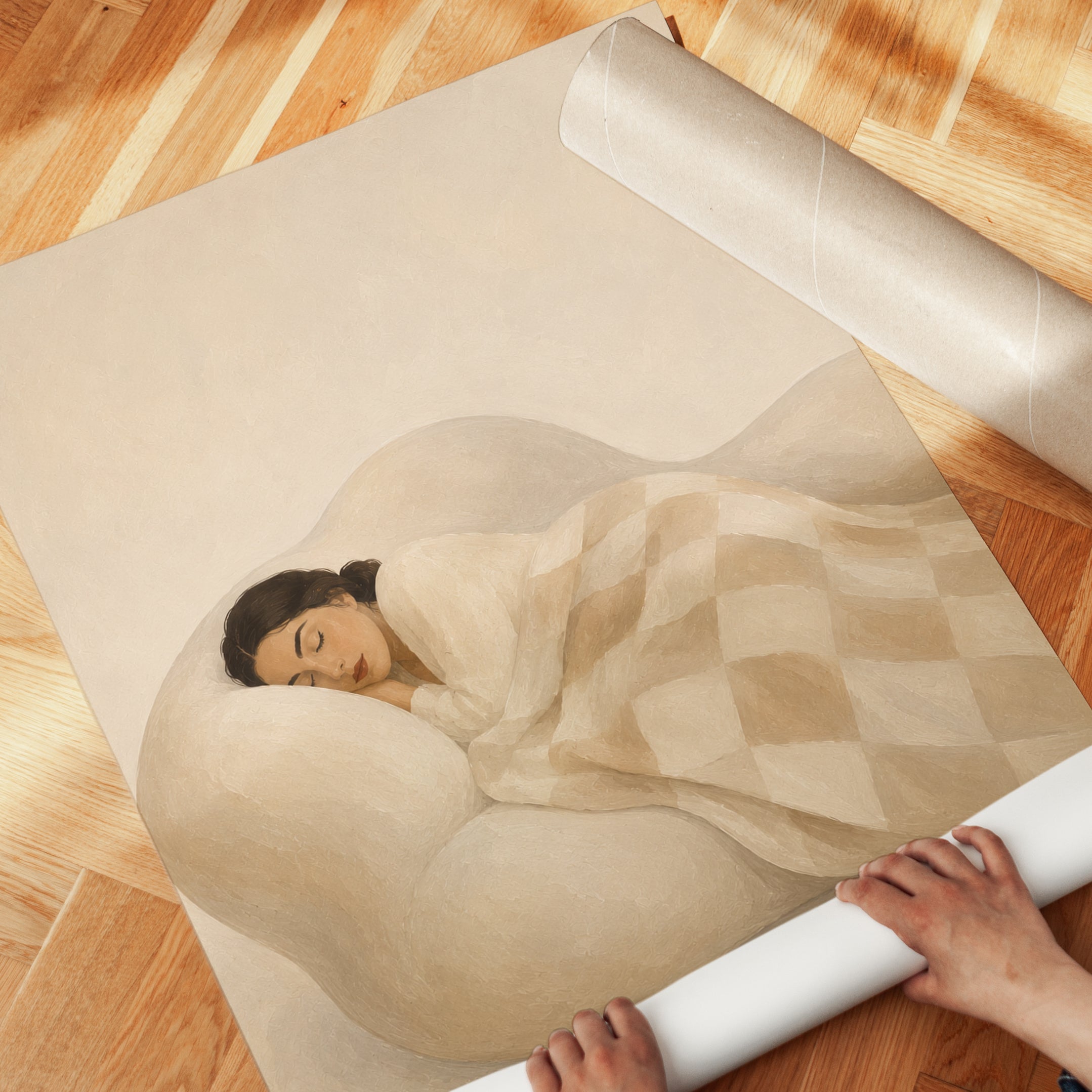 Sleeping Woman in Neutral Tones Art Print: Soft Minimalist Style - detail