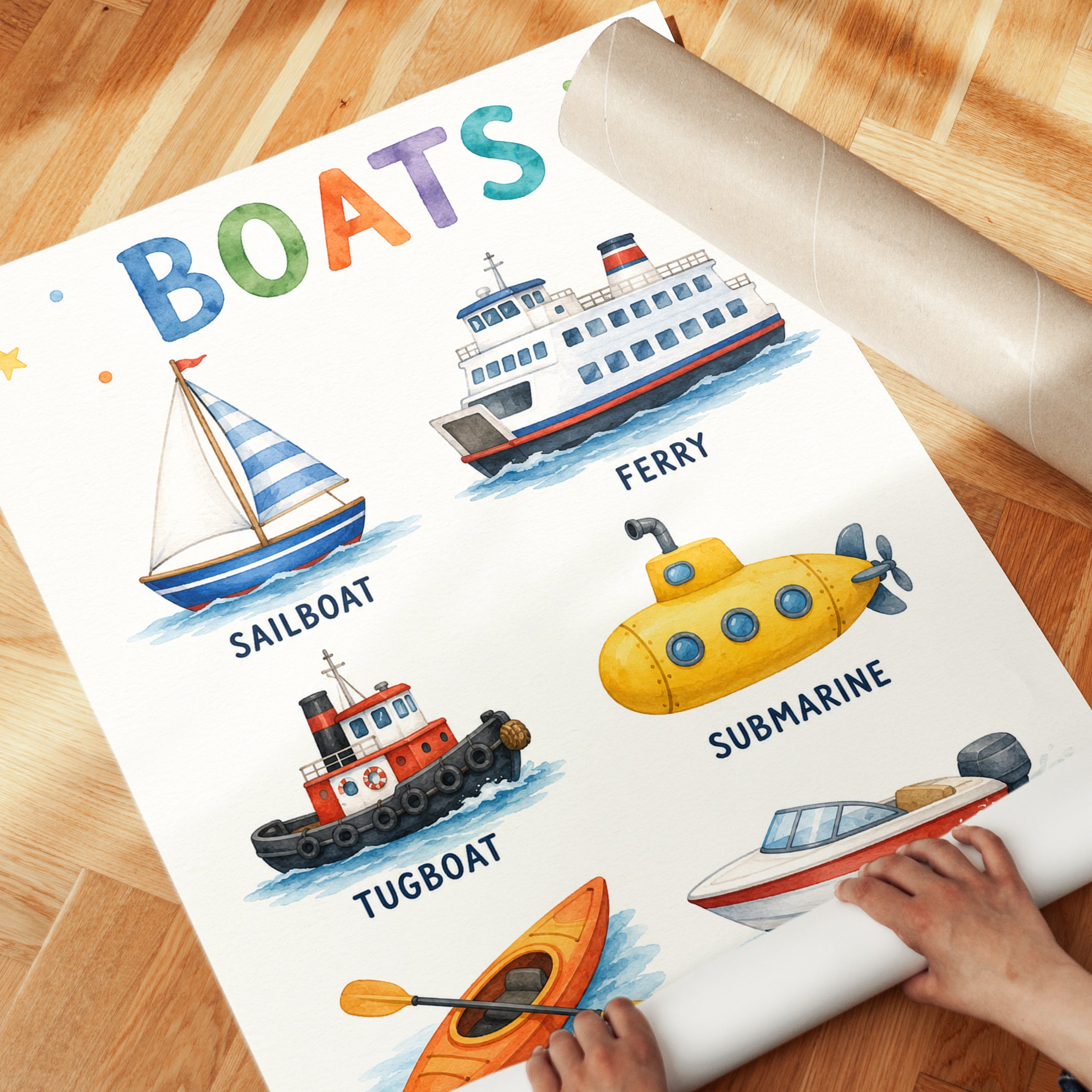 Watercolor Boats Print: Educational Kids Poster for Nursery - detail