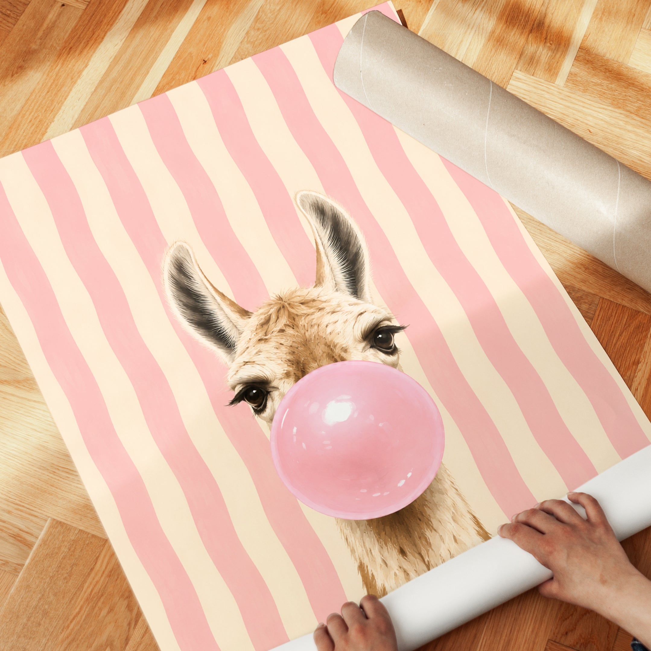 Llama Blowing Bubblegum Art Print: Whimsical Pink Stripes - detail