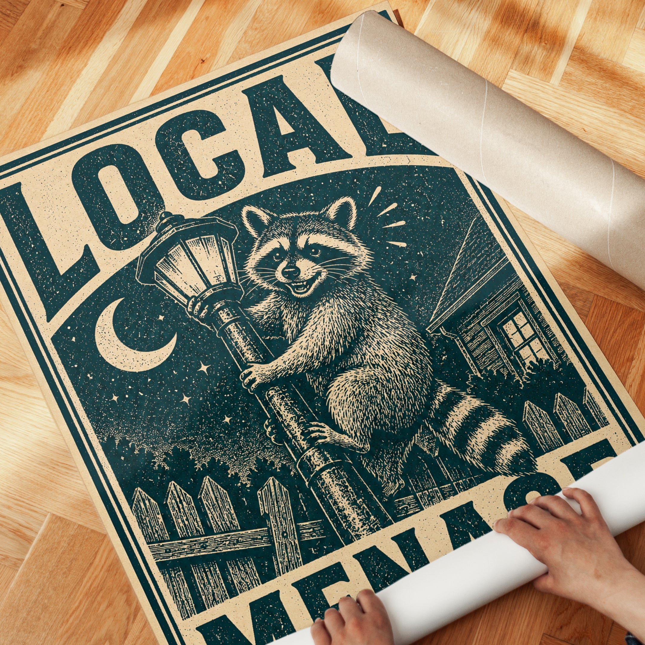 Local Menace Raccoon Poster: Vintage Linocut Style Wall Art - detail
