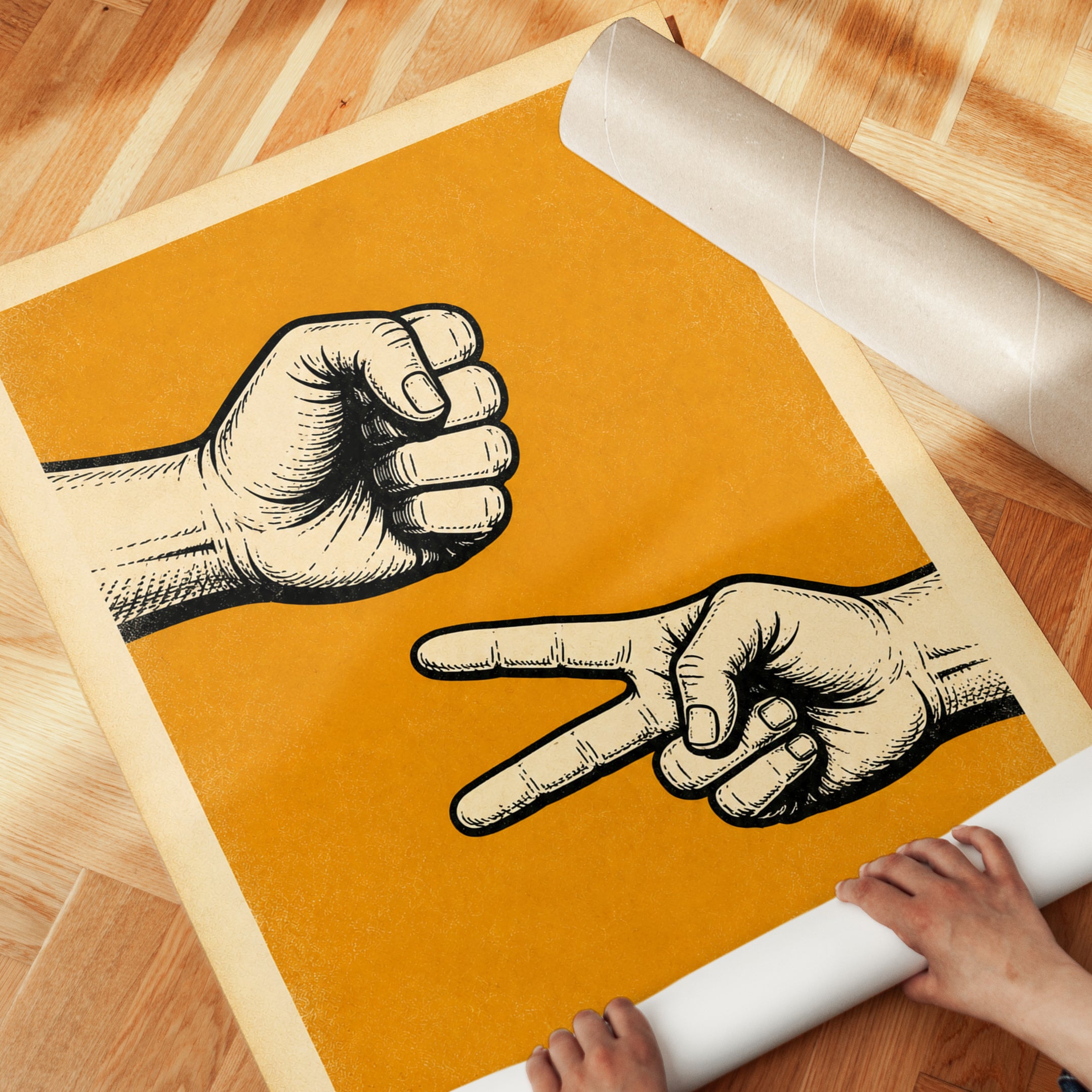 Rock Paper Scissors Vintage Poster: Retro Orange Typography Art - detail