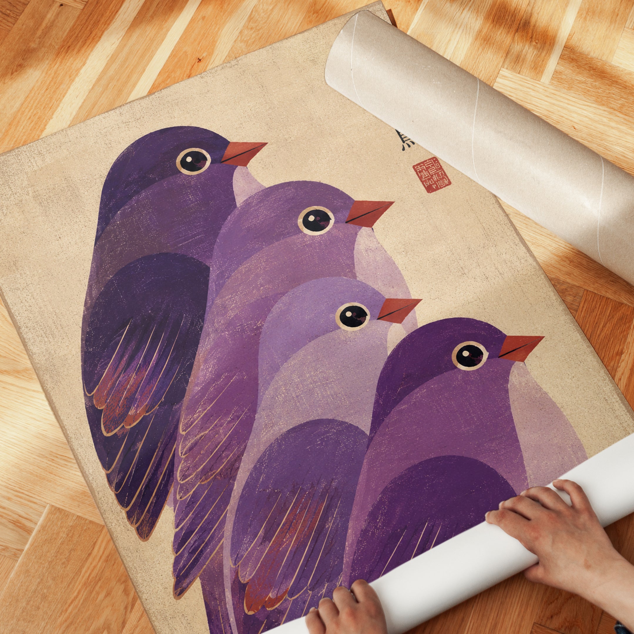 Purple Birds Art Print: Japanese Woodblock Style Design - detail