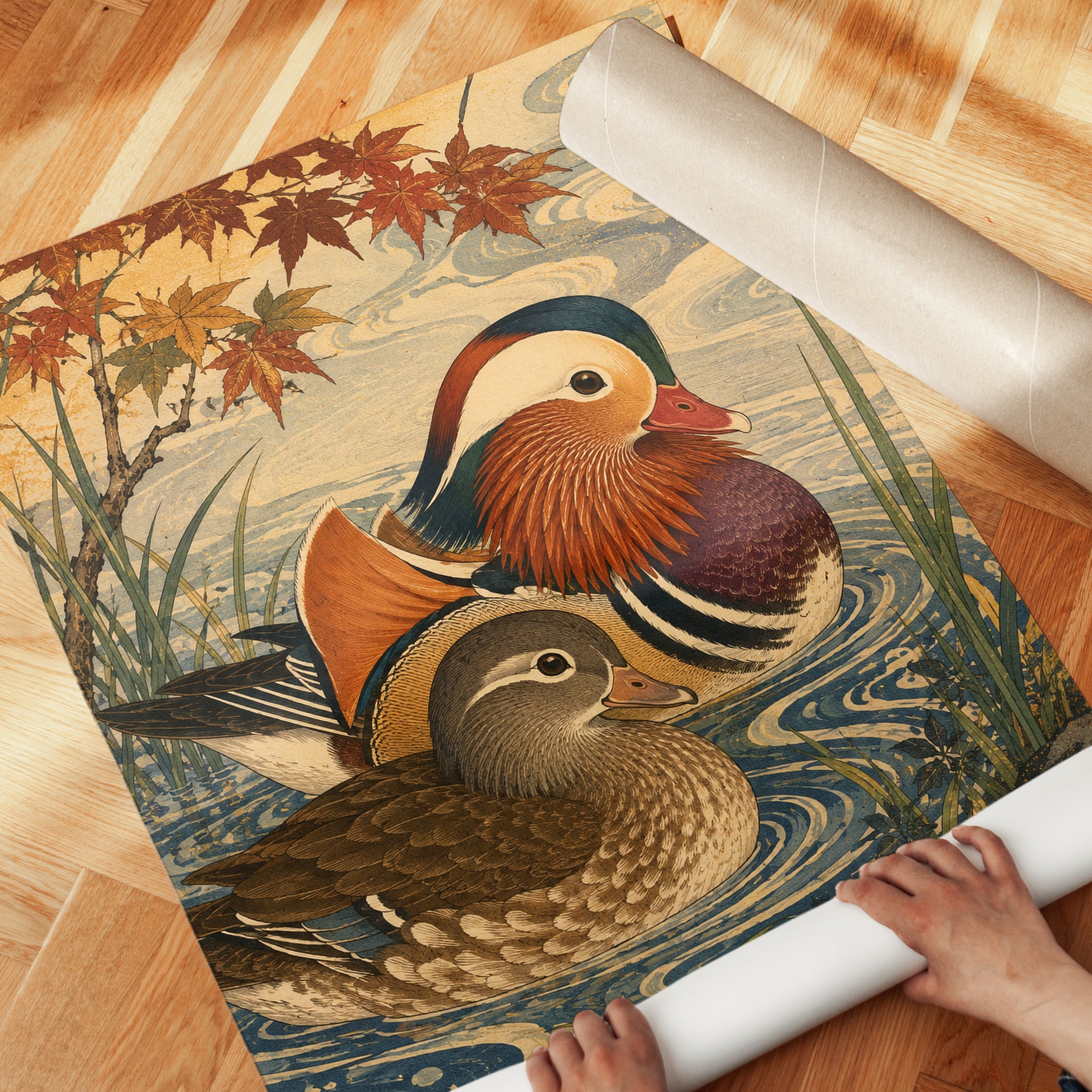 Mandarin Ducks in Autumn: Japanese Woodblock Style Art Print - detail