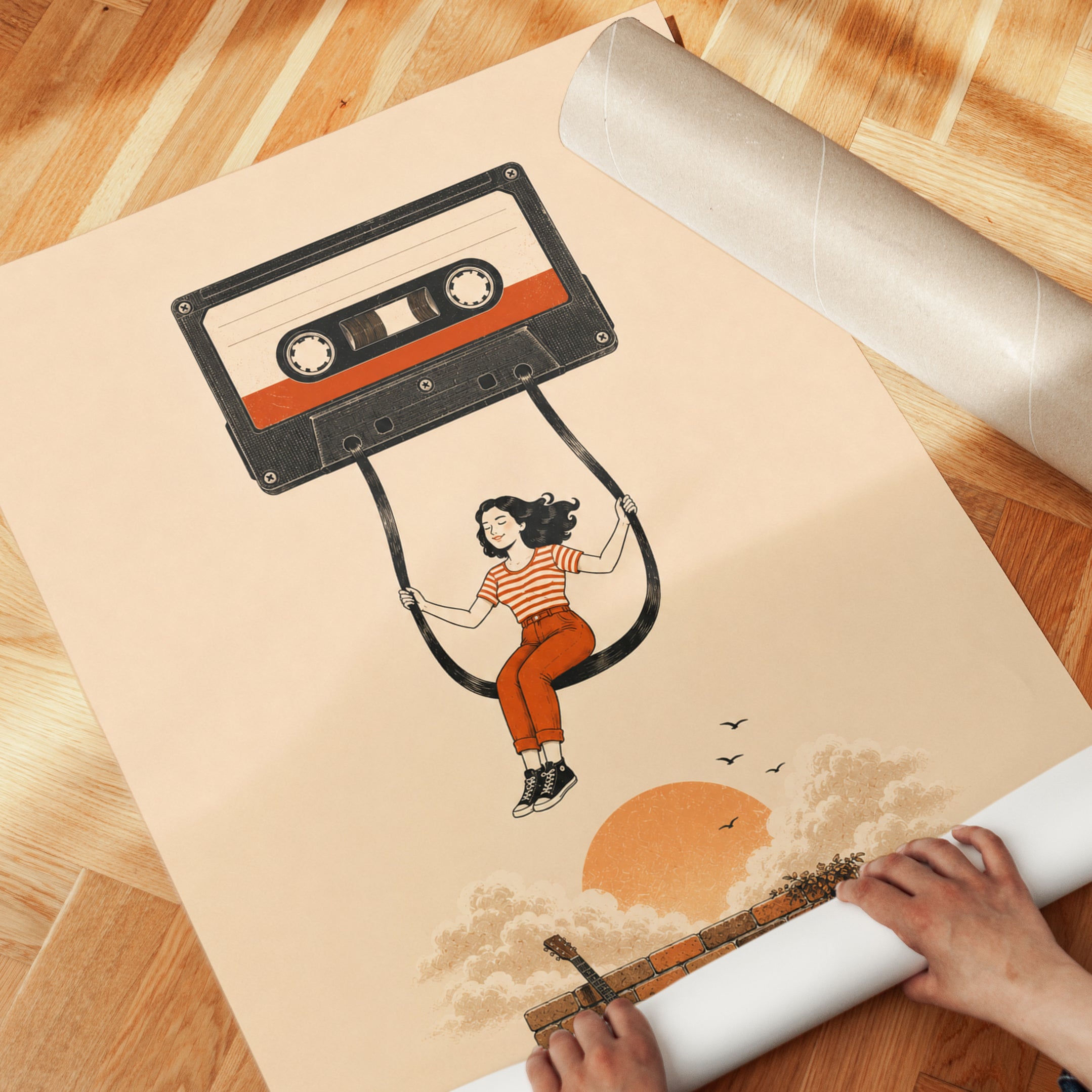 Vintage Cassette Tape Swing Art Print: Retro Music Illustration - detail