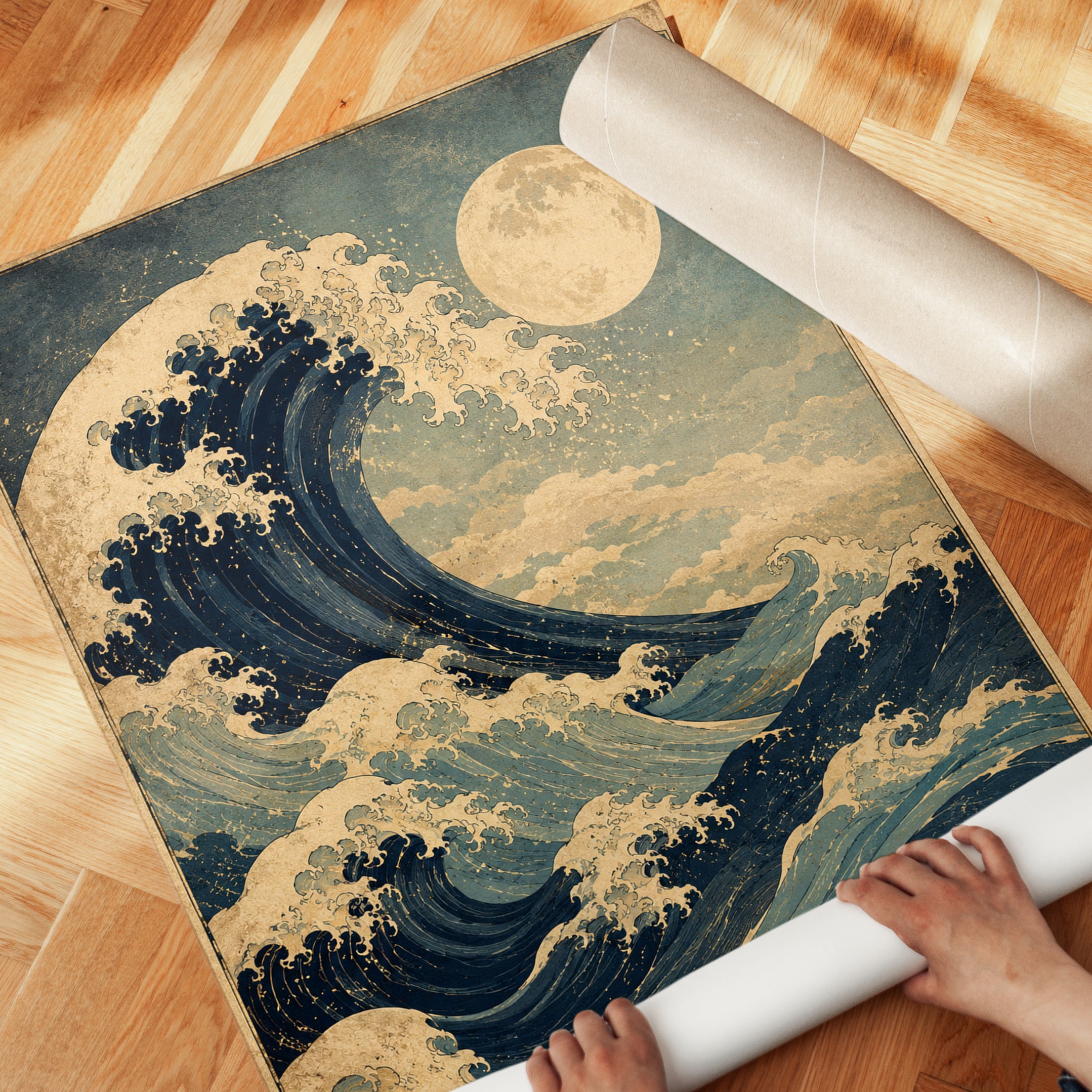 Japanese Wave Print: Ukiyo-e Inspired Ocean and Moon Art - detail