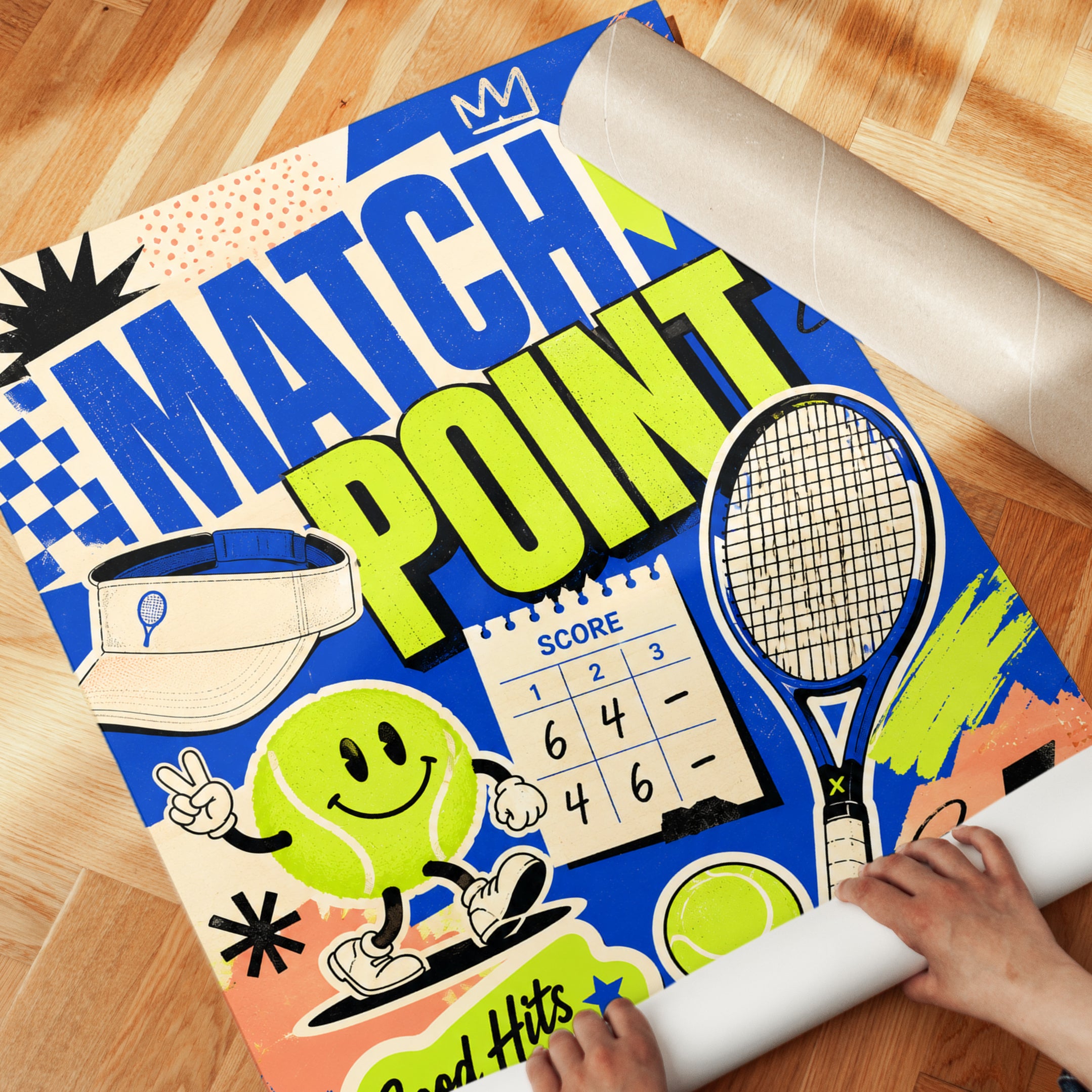 Match Point Tennis Print: Sports Wall Art (Neon Blue & Yellow) - detail