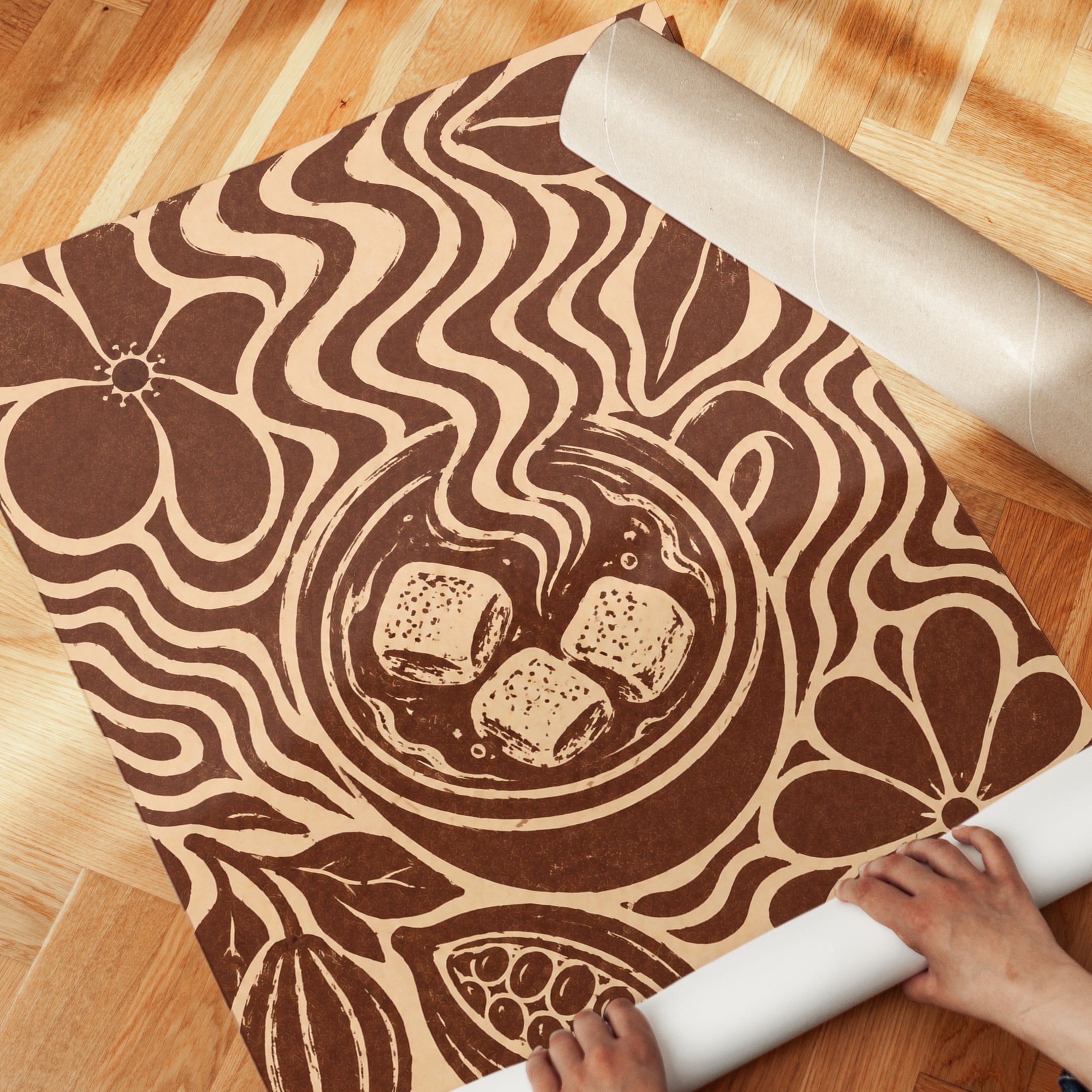 Chocolate Botanical Art Print: Art Nouveau Brown and Cream Design - detail
