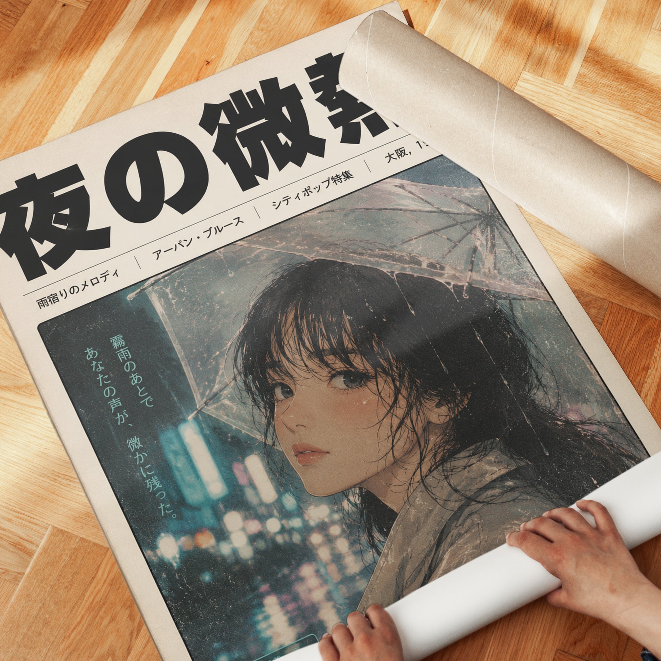 Japanese City Rain Portrait: Vintage 1988 Osaka Magazine Art Print - detail