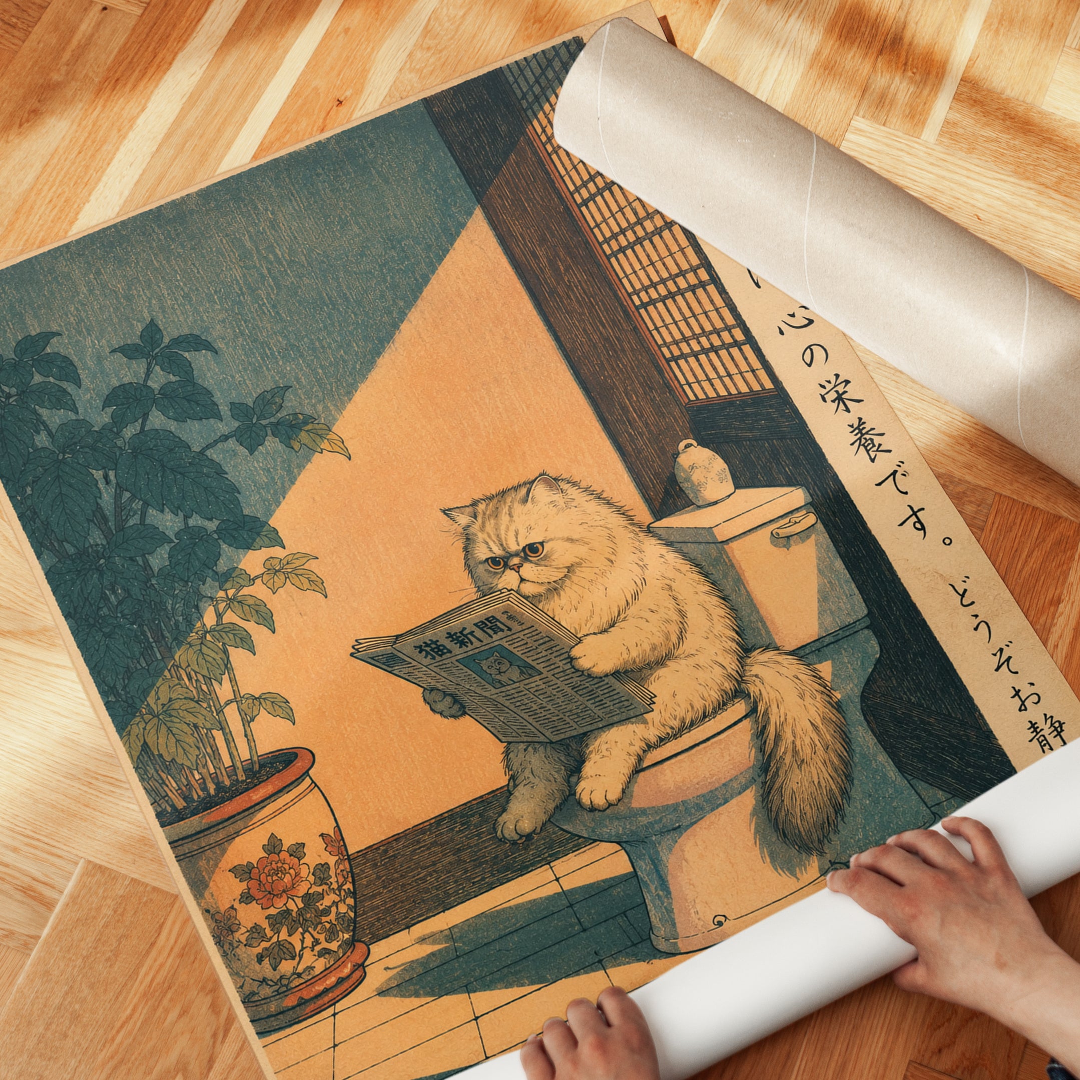 Japanese Cat Reading Newspaper Print: Ukiyo-e Style Humor Art - detail