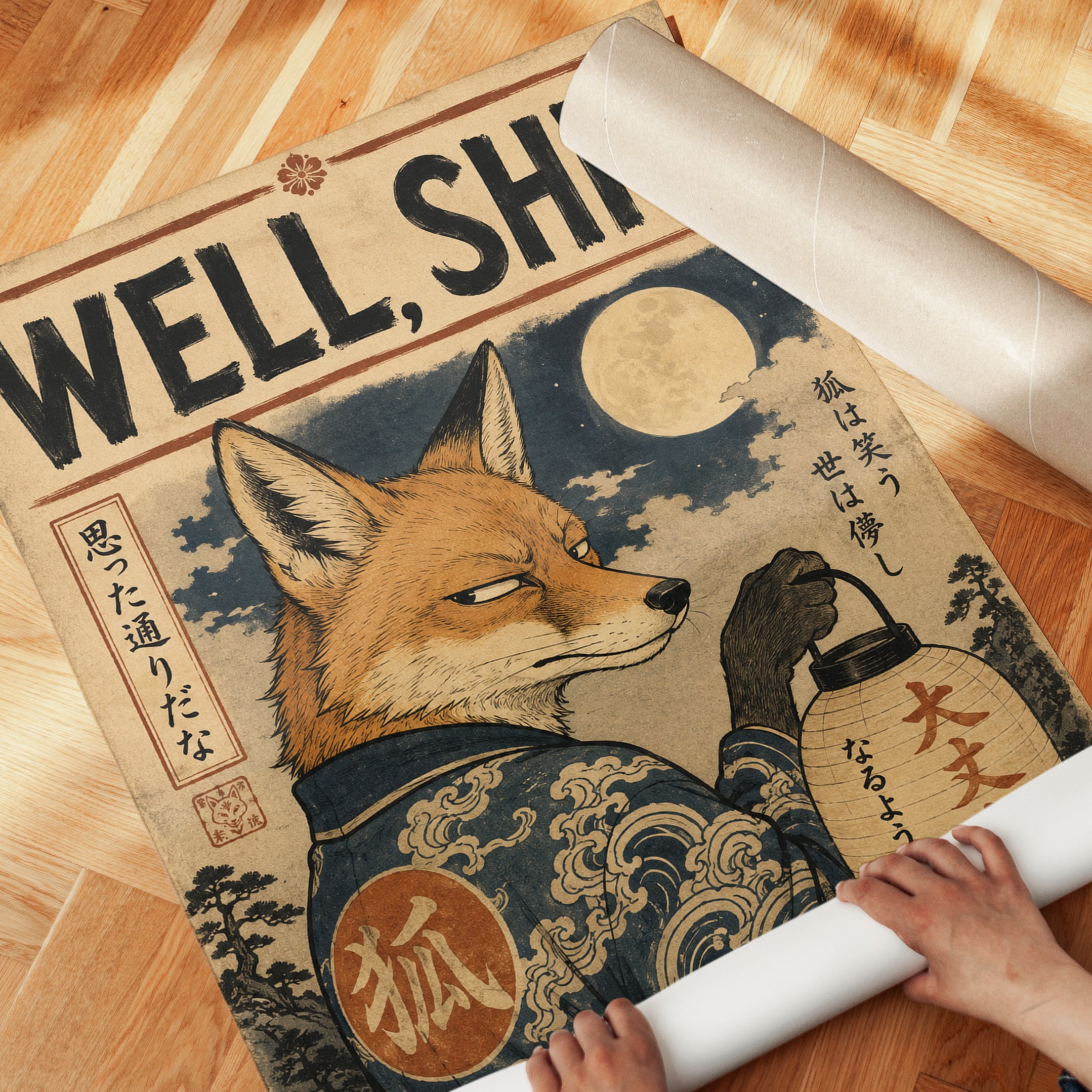 Japanese Fox Wall Art – Vintage Asian Print - detail