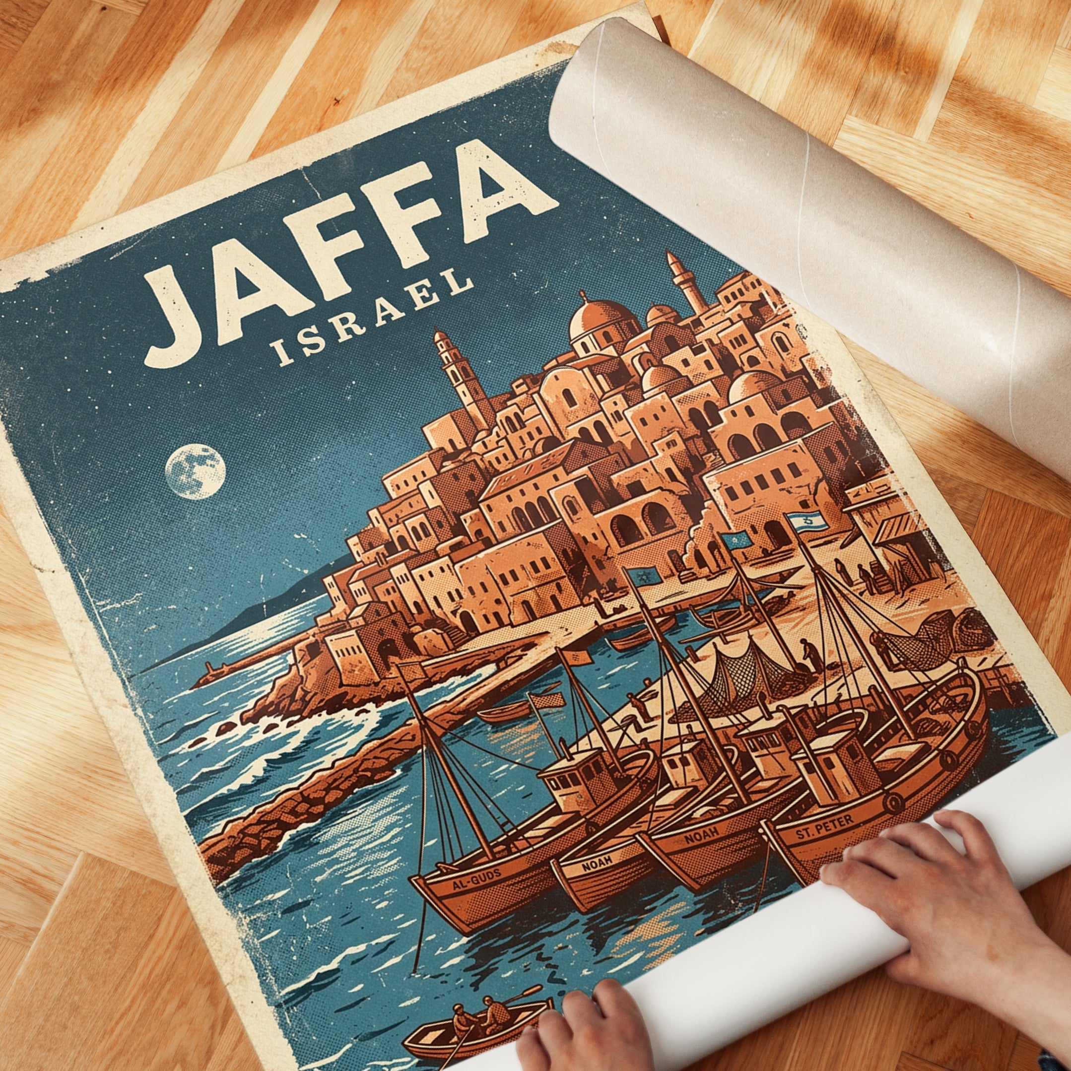Jaffa Israel Vintage Travel Poster — Retro Mediterranean Port Art - detail