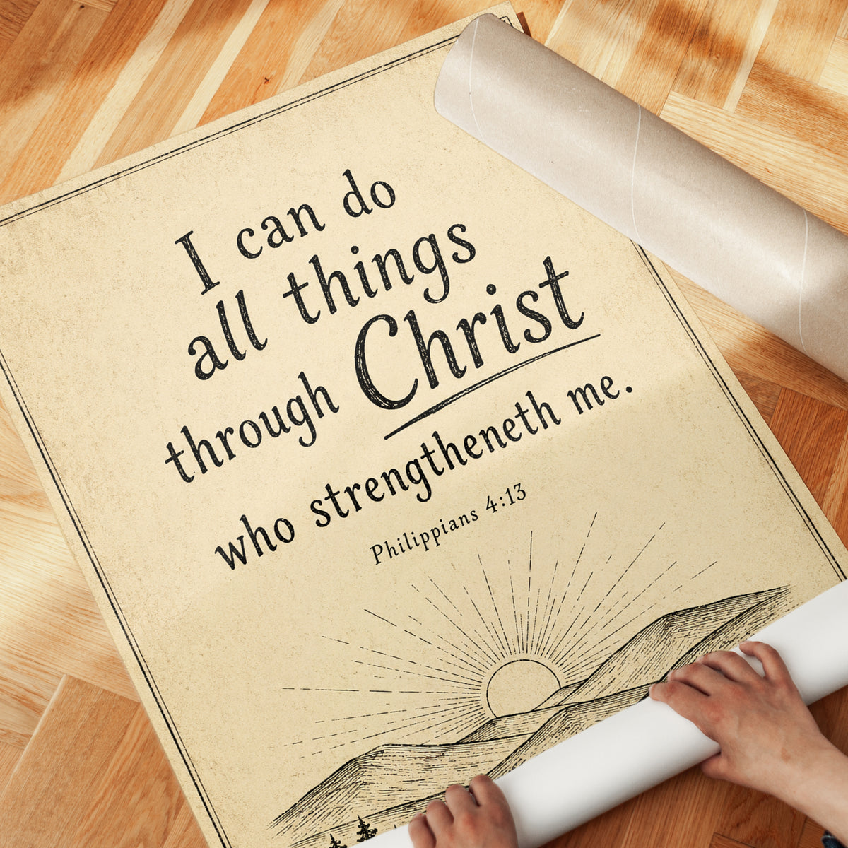 Philippians 4:13 Scripture Print: Vintage Inspirational Wall Art - detail