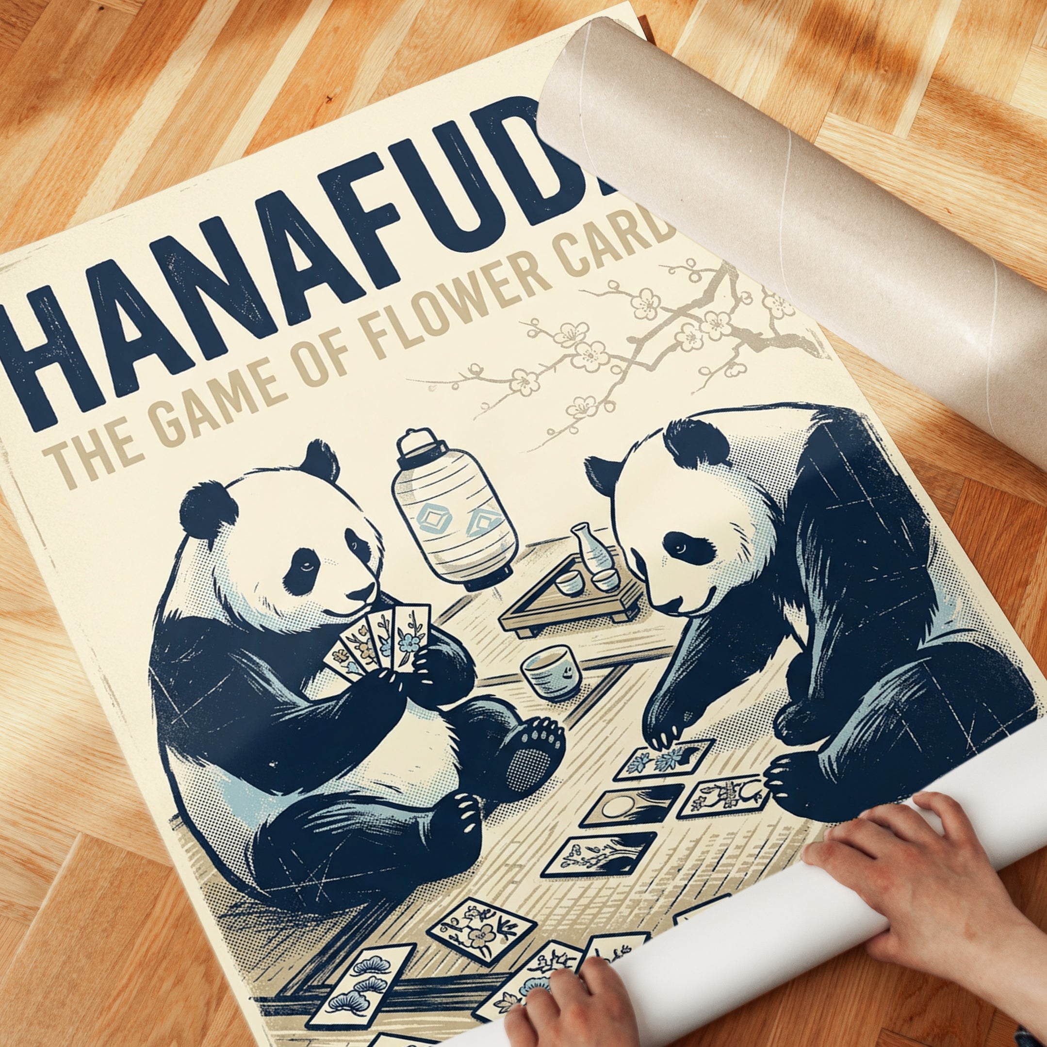 Hanafuda Pandas Art Print: Vintage Japanese Card Game Poster - detail